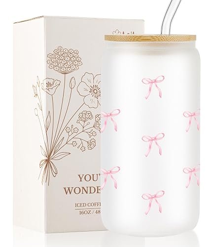 Loihayazea Cute Coquette Pink Aesthetic Bow Glass Cups with Lids and Straws, Preppy Girly Trendy Stuff Gifts for Women Teen Girls, 16oz Iced Coffee Cup, Glass Tumbler, Matcha Cup (Pink Bow)