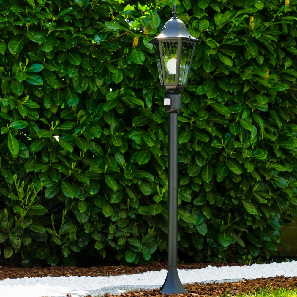 hofstein Lampadaire extérieur HongKong avec détecteur de mouvement, en aluminium noir, de 112 cm de haut, pour une ampoule E27, ampoule(s) non incluse(s)