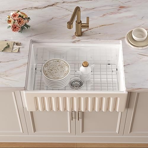 Miniatura 3 de Fregadero de cocina con estación de trabajo de porcelana de arcilla refractaria de 30 pulgadas, de cerámica reversible, delantal de granja con