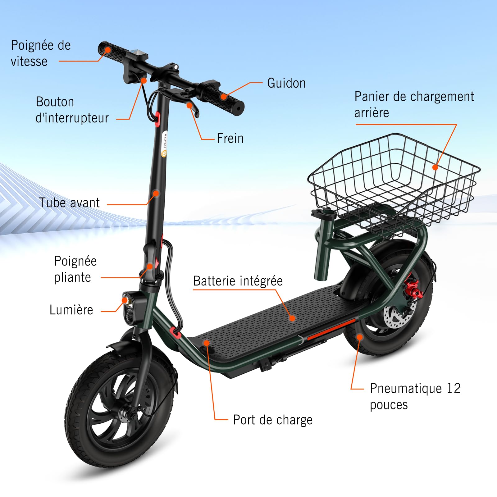 SISIGAD Trottinette Électrique Adulte 12 Pouces Trottinette Électrique Pliable avec Panier, 36V 7.8AH Batterie 25km/h Vitesse 300W Moteur, Scooter Électrique avec Double Frein et Lumière