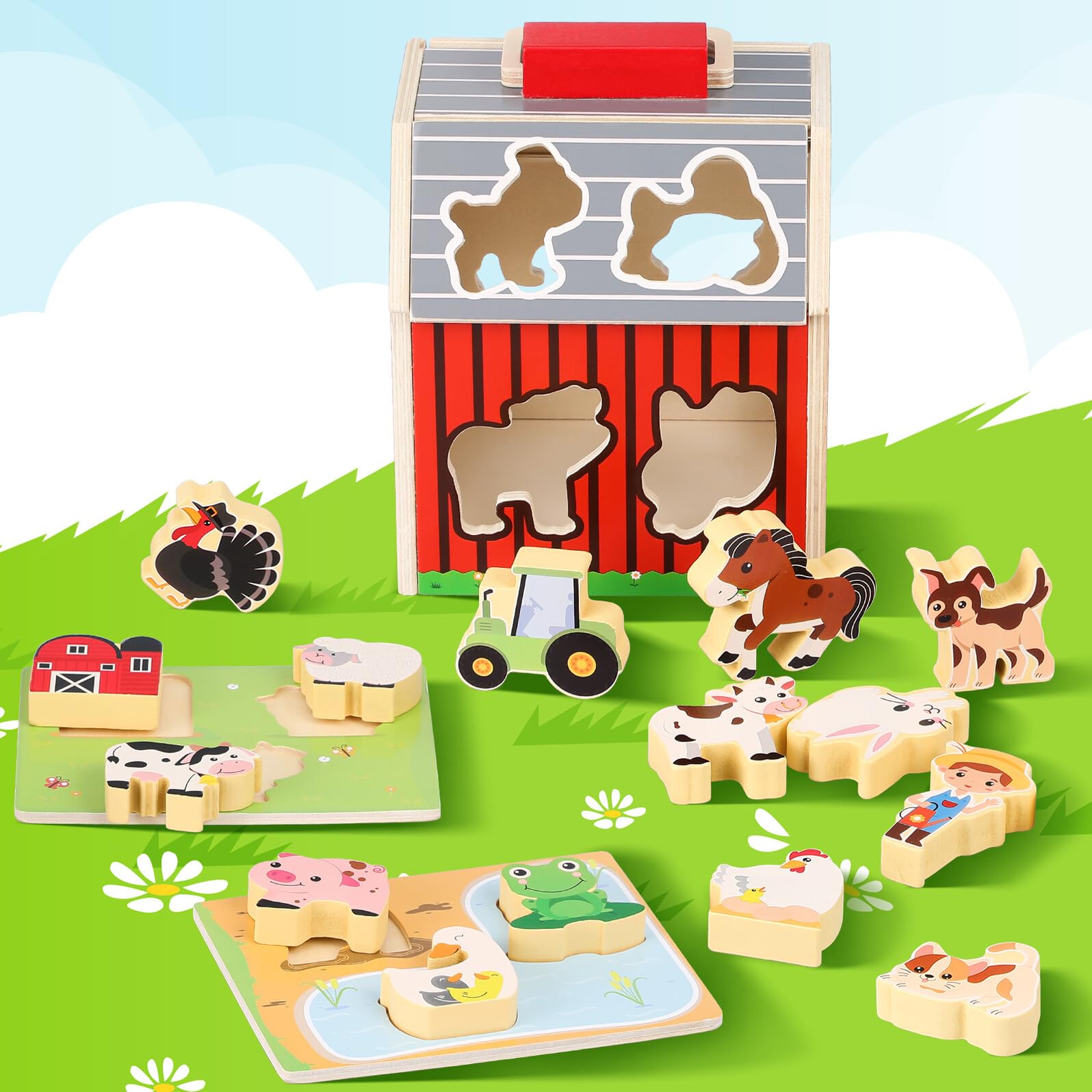 Hemobllo Set Gioco Fattoria Animali in Legno Montessori Stem | Attività Prescolare 2-5 Anni, per Interno, Ragazze e Ragazzi, Riconoscimento Colori