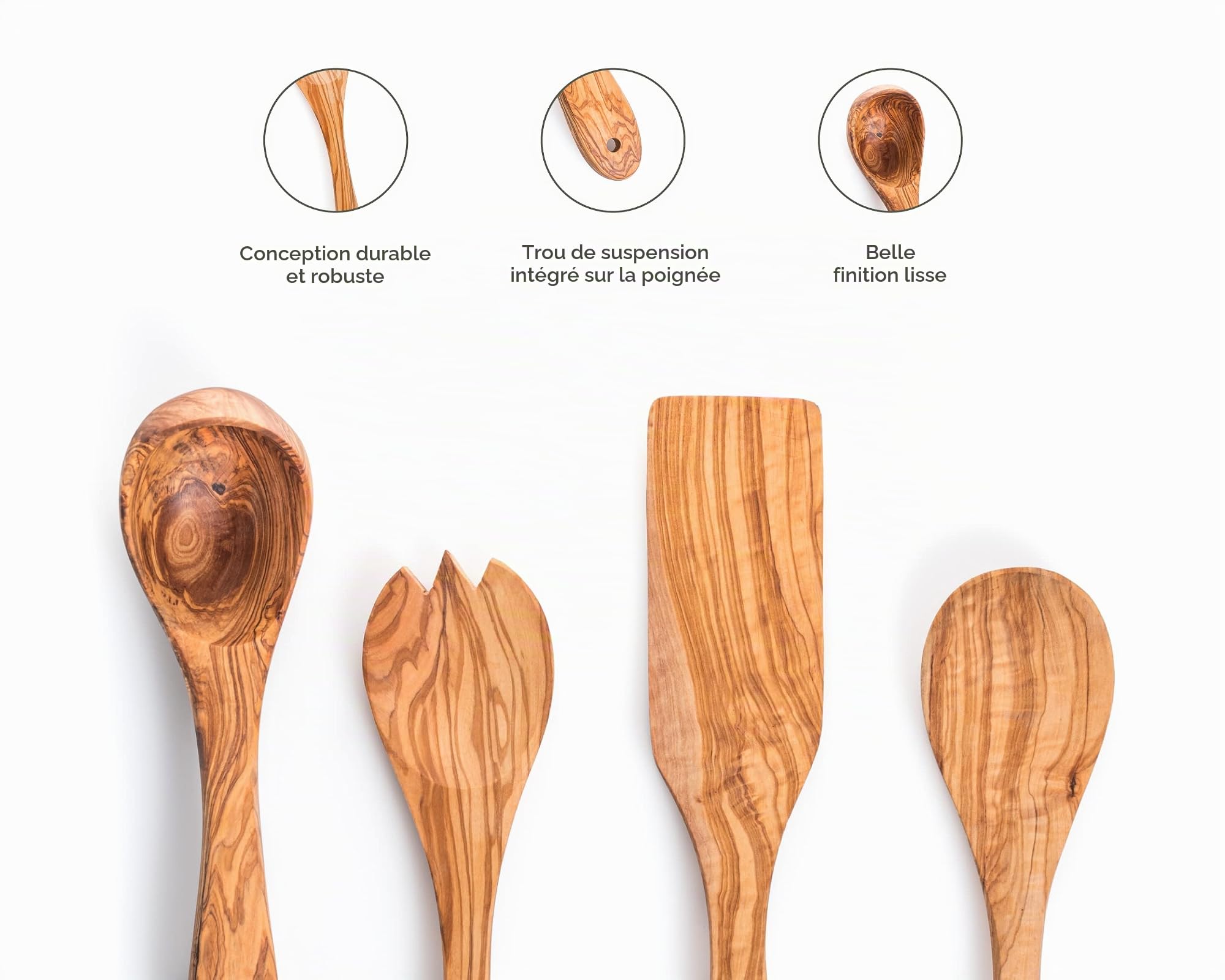Cuillères de Cuisine en Bois Naturel d'olivier - Set de 4 - env. 30 cm - Fait Main - résistant à la Chaleur et aux Rayures - ustensiles de Cuisine - cuillère en Bois, louche, Couvert à Salade