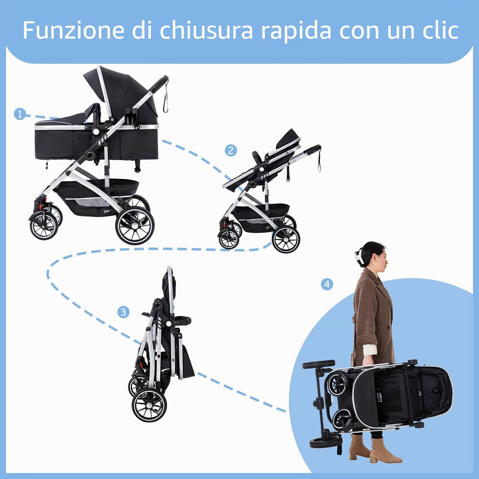 Passeggino 3 in 1,Passeggino Pieghevole Rapido con Un Solo Clic,Passeggino Reversibile Alto con Cesta per la Nanna Allargata,Pushchair Reversibile è Bloccabile Sulle Ruote Anteriori(Nero)