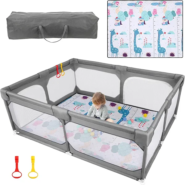 JINXIA Baby Playpen with Mat 75"*59", Large Play Pen for Babies and Toddlers with Soft Breathable Mesh, Climb-Proof Anti-Fall Baby Playpen, Sturdy Safety Play Yard for Indoor Outdoor Fun, Grey
