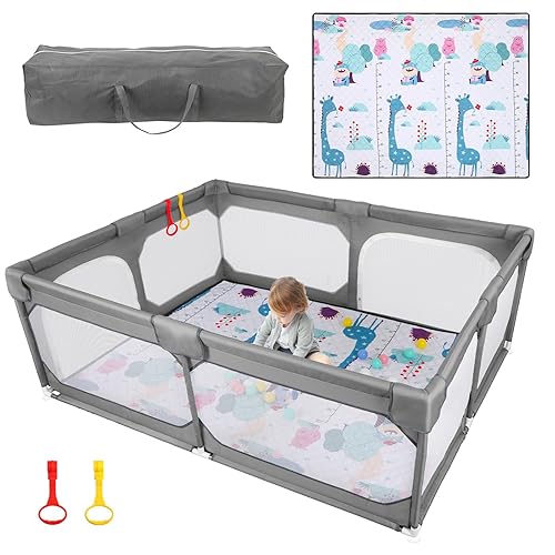 JINXIA Corralito para bebés con tapete de 75 x 59 pulgadas, corralito grande para bebés y niños pequeños con malla suave y transpirable, corralito