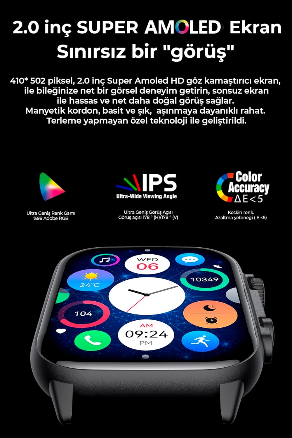 Detailed view of the Spovan AtlasX-3's 2.0-inch Super AMOLED display, highlighting its vibrant colors and wide viewing angles.