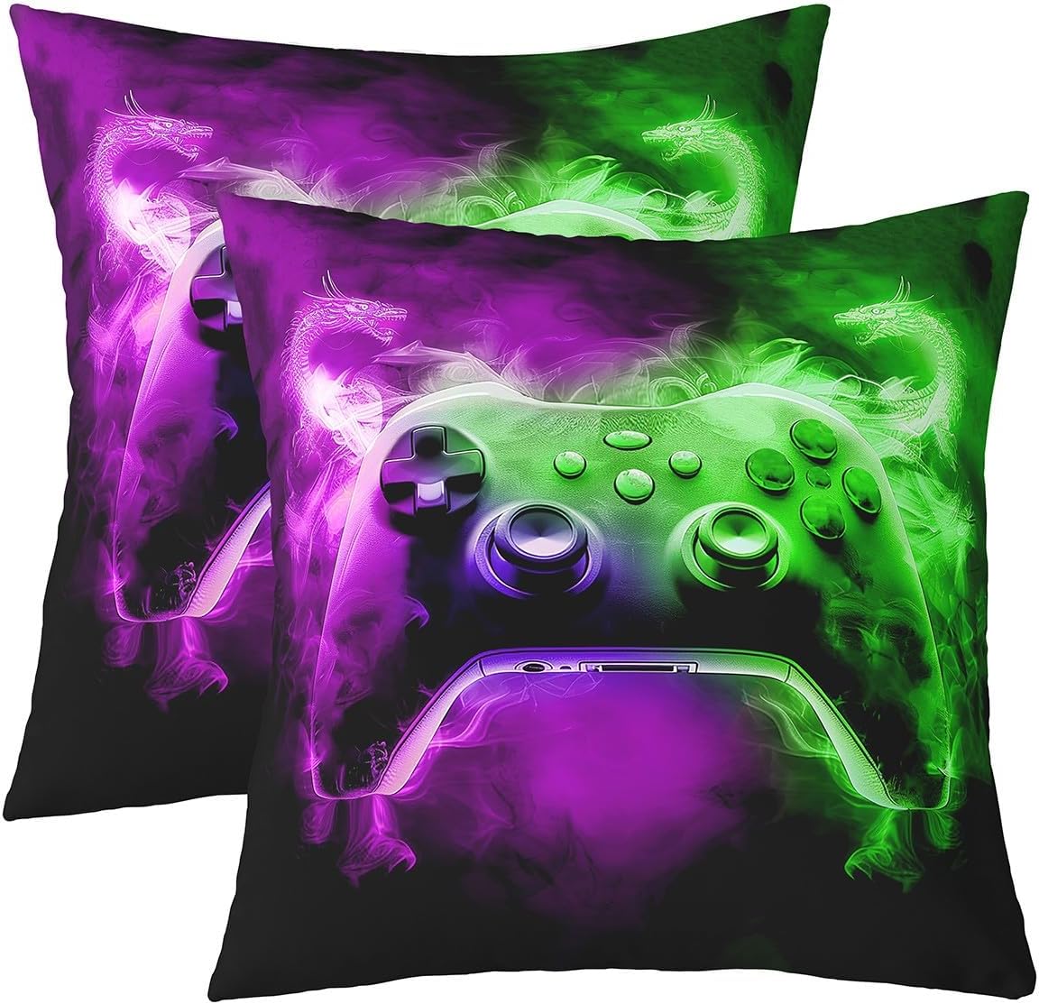Purple Green Dragons Throw Pillow Covers Set of 2 Boys Gaming Gamepad Cushion Covers for Couch Sofa Video Games Decorative Pillowcases Mythical Animal Dragon Outdoor Pillows Covers,24"x24"