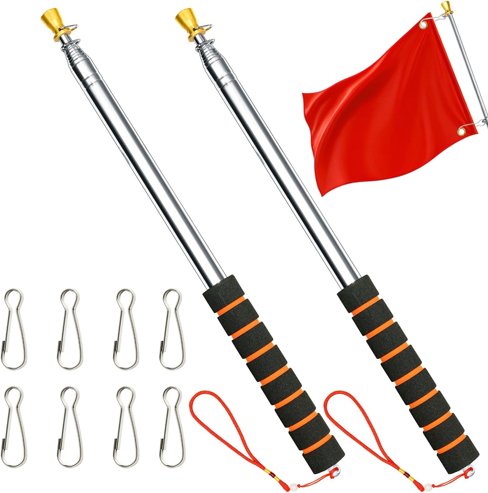 9.8ft (300cm) Telescopic Handheld Flag Pole, 2 Pcs Stainless Steel Retractable Banner Pole with 8 Grip Clip, Tour Guide Flagpole Pointer Teaching Pointer Stick for Tour Guide Festival