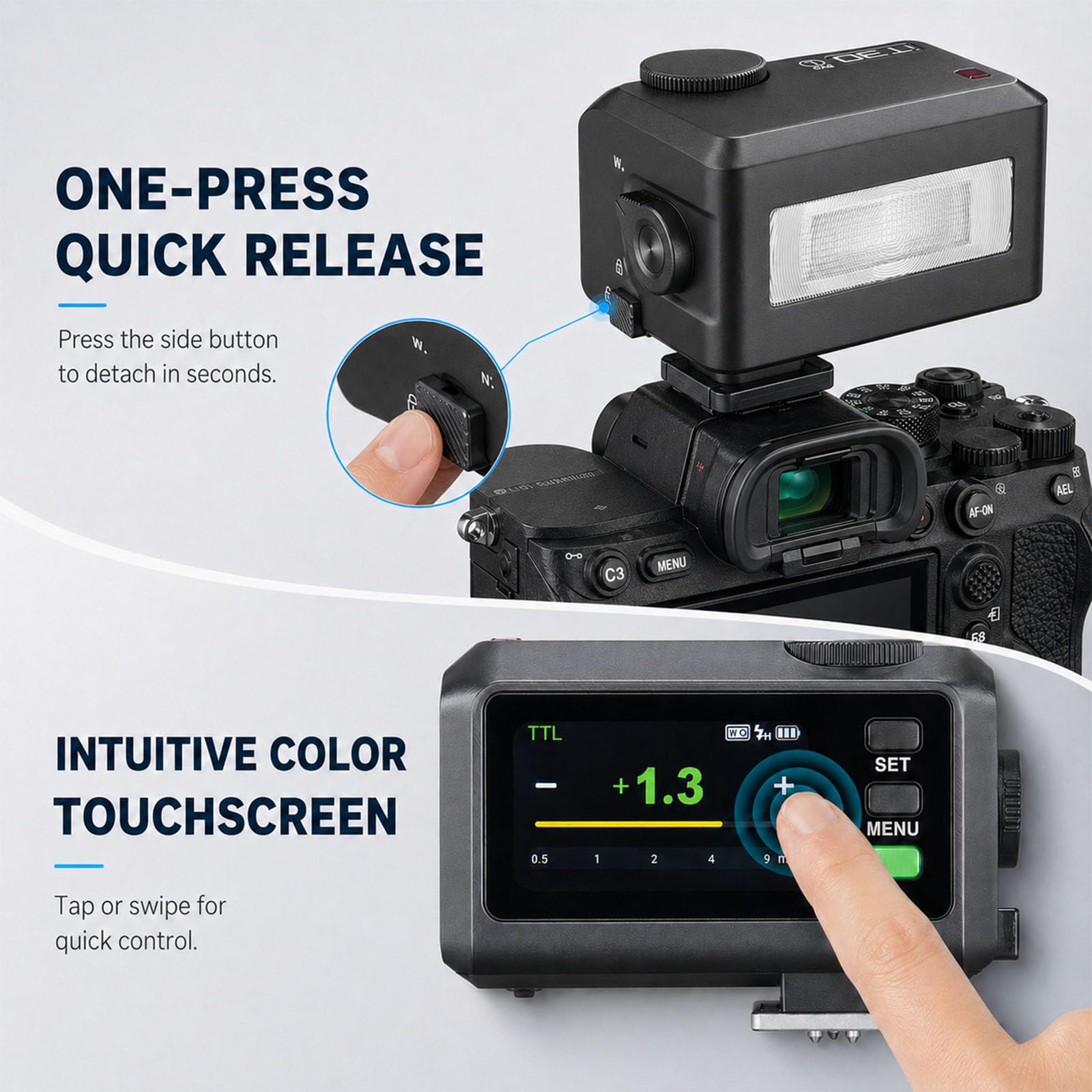 Godox iT30Pro-L TTL Mini Lampa Błyskowa do Leica, GN15, 560 Błysków Pełnej Mocy, 1,5 s Czas Recyklingu, HSS 1/8000 s, 2,4G X Nadajnik/Odbiornik, Ekran Dotykowy, USB-C, do Podróży Street Portret