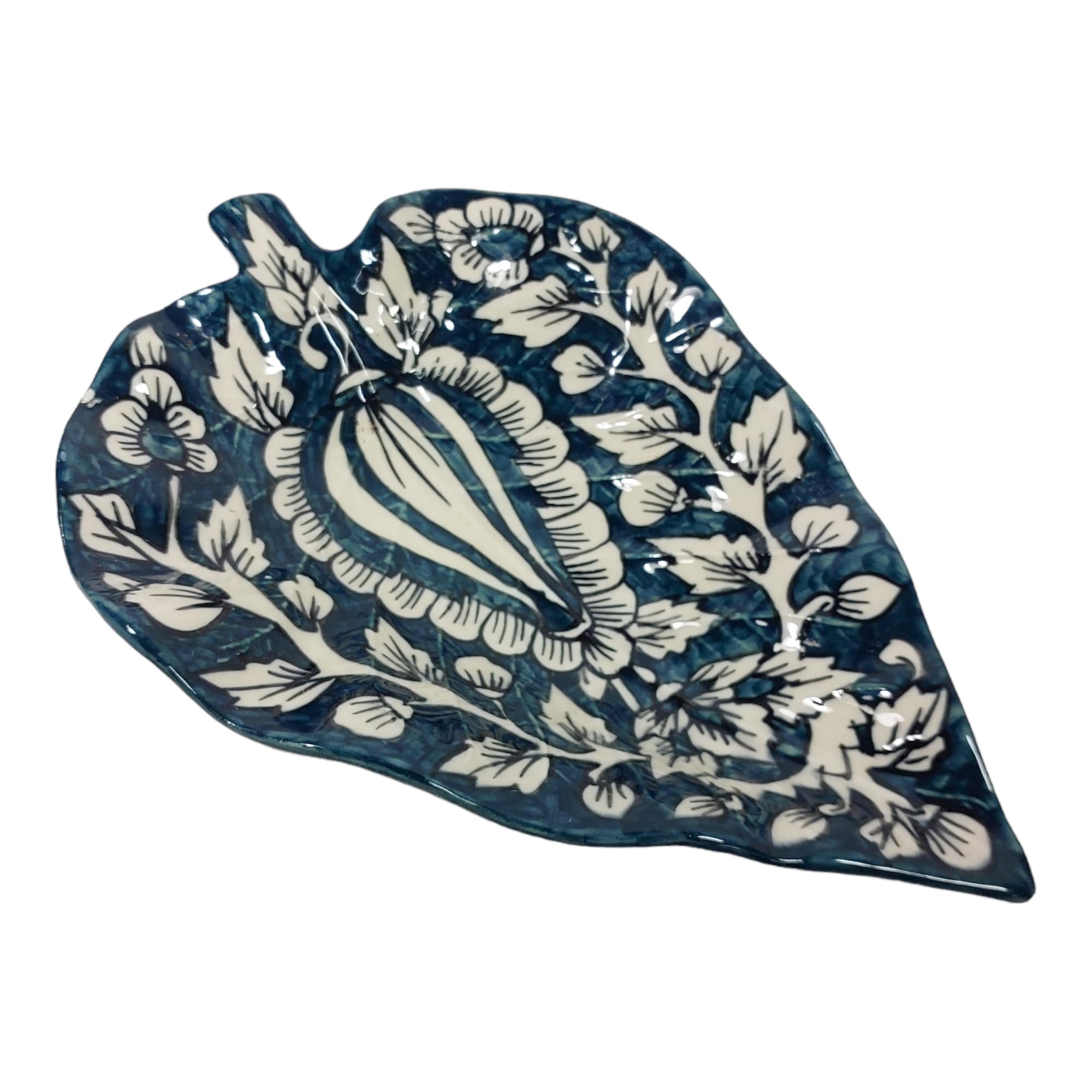 ARTISTIC TREASURE Ceramic Hand Painted Leaf Shape Serving Platter for Snacks Starter Salad Fruits Plate Dining Table Serving Ware - 29 cm (Deep Sea Green)