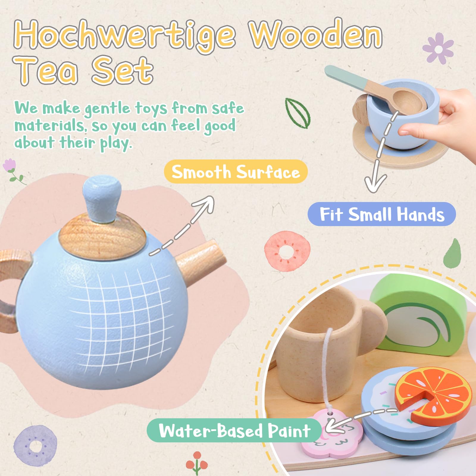 Set da tè in Legno per Bambini, Giocattolo Educativo Montessori con Torta e Accessori, Gioco di Ruolo Tea Party, Regalo per Bambina Ragazzi Ragazz 3 4 5 6 Anni