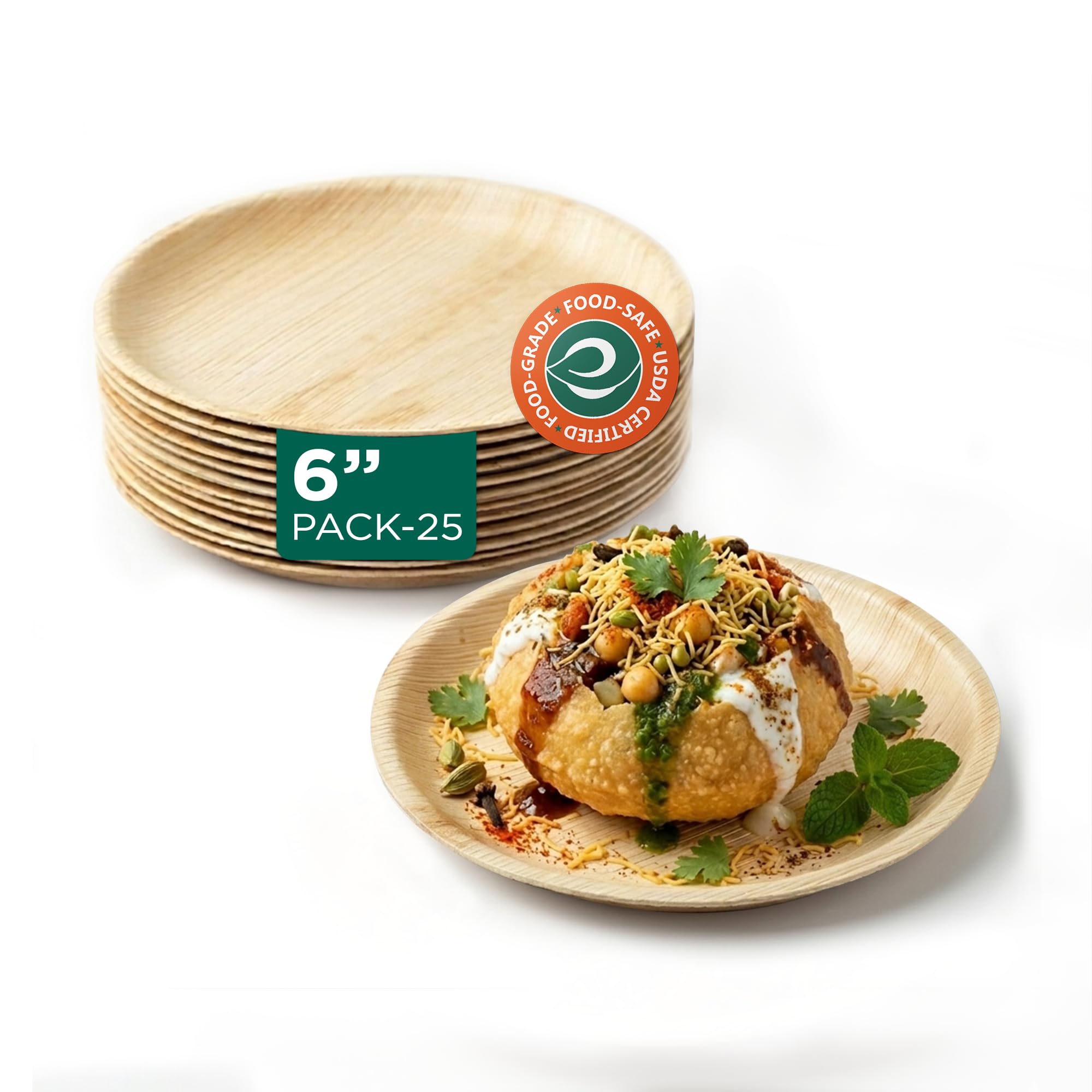 ECO SOUL [6 inch, 50-Pack Areca Palm Leaf Round Plates | Disposable Eco-Friendly Biodegradable Like Bamboo Wood Plates | Party, Wedding, Event Plates (15 cm)