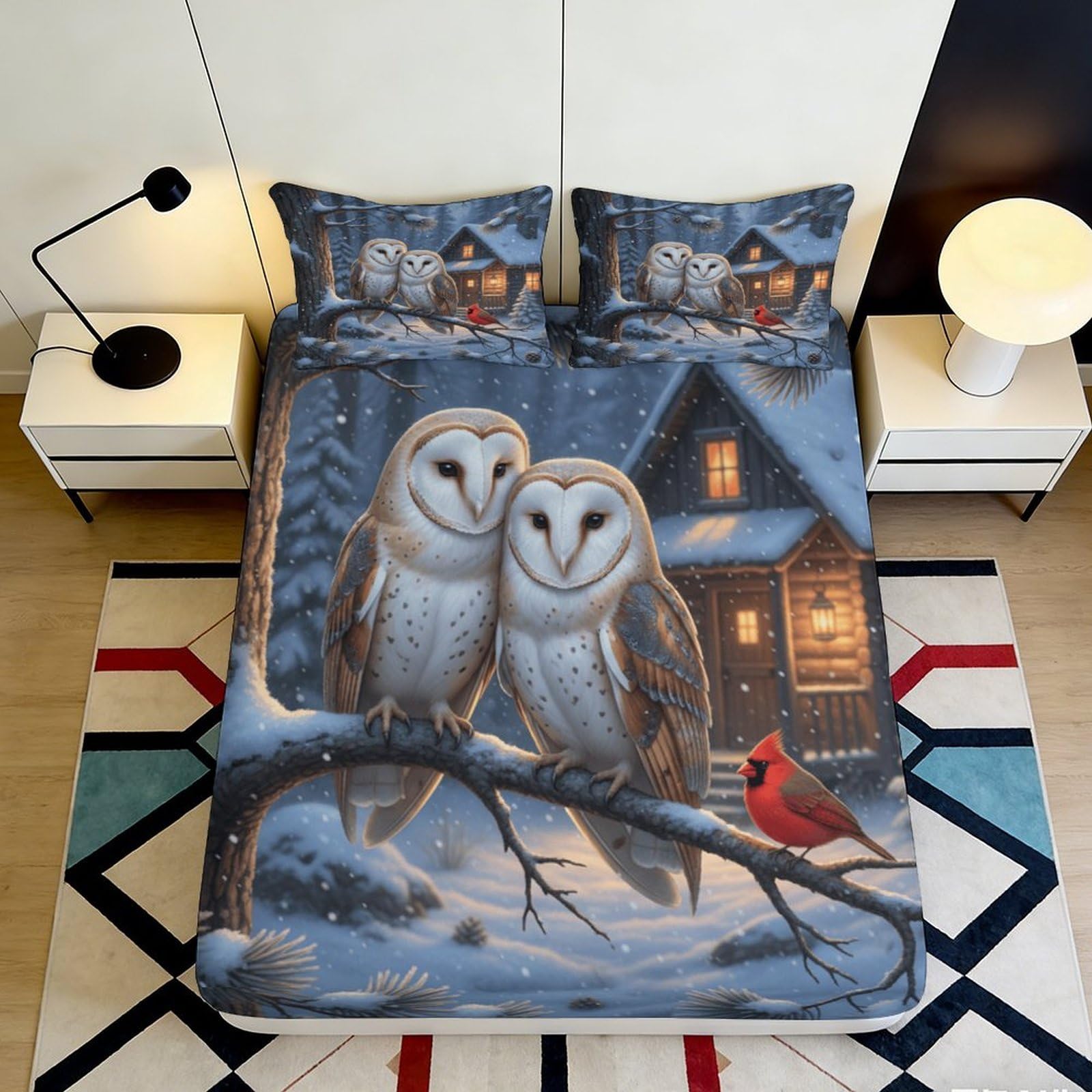3D Printed Snowy Owl Fitted Sheet Microfiber Winter Cabin Bed Cover Non-Slip Washable for Bedroom Guest Room Decor 180x200x25cm