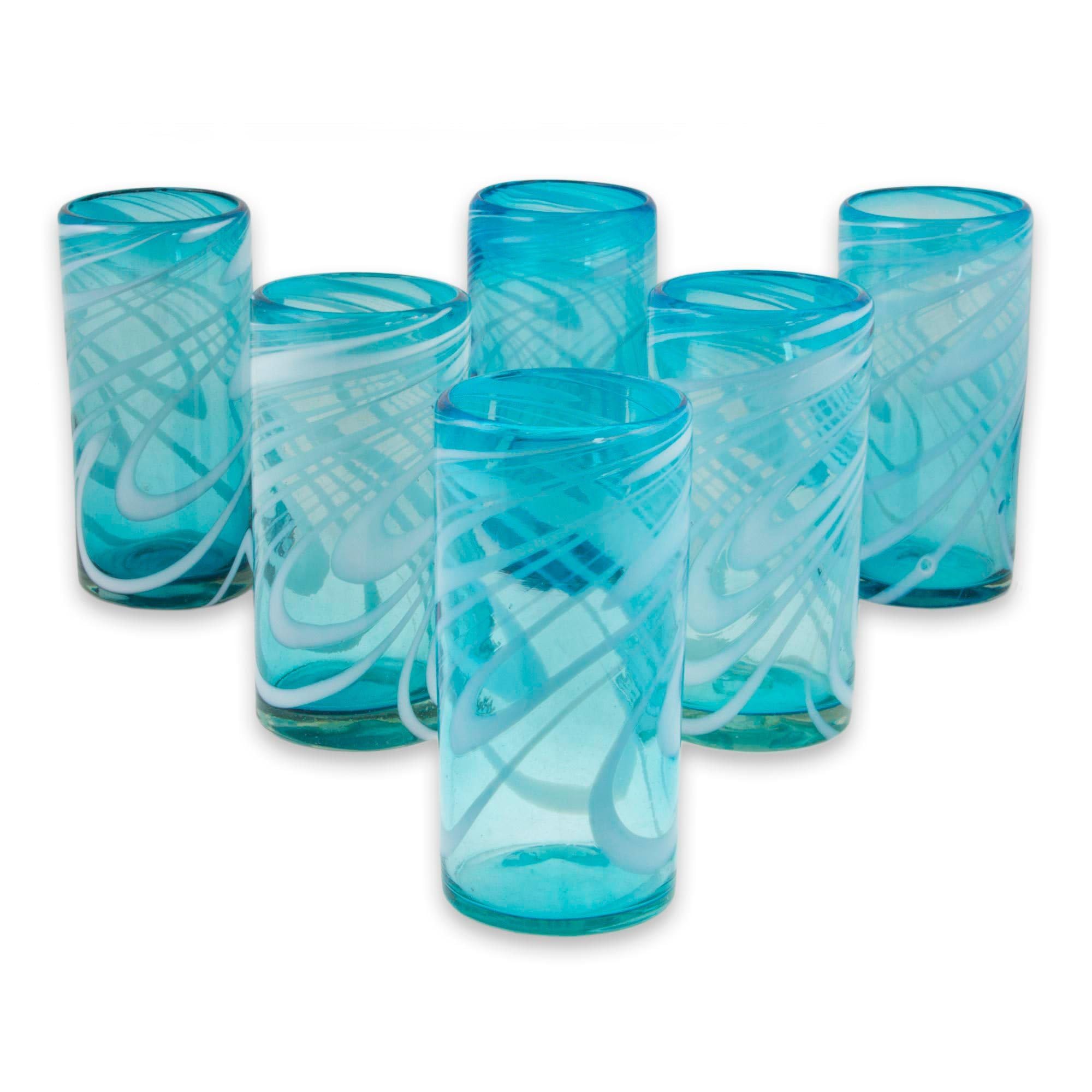 NOVICA Hand Blown Highball Whirling Aquamarine Set of 6 Glass Ware Large Blue 6 Count 13 ounces