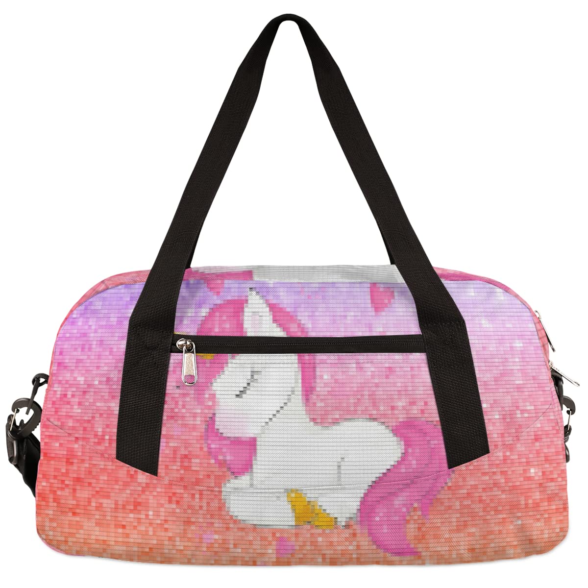 Rainbow Unicorn Pattern Kids Duffel Bag for Girls Boys Teens, Unicorn Pixel Wind Dance Bag Overnight Small Duffel Bag Carry On Weekend Sports Gym Travel Bag for School Practice Gymnastics Ballet