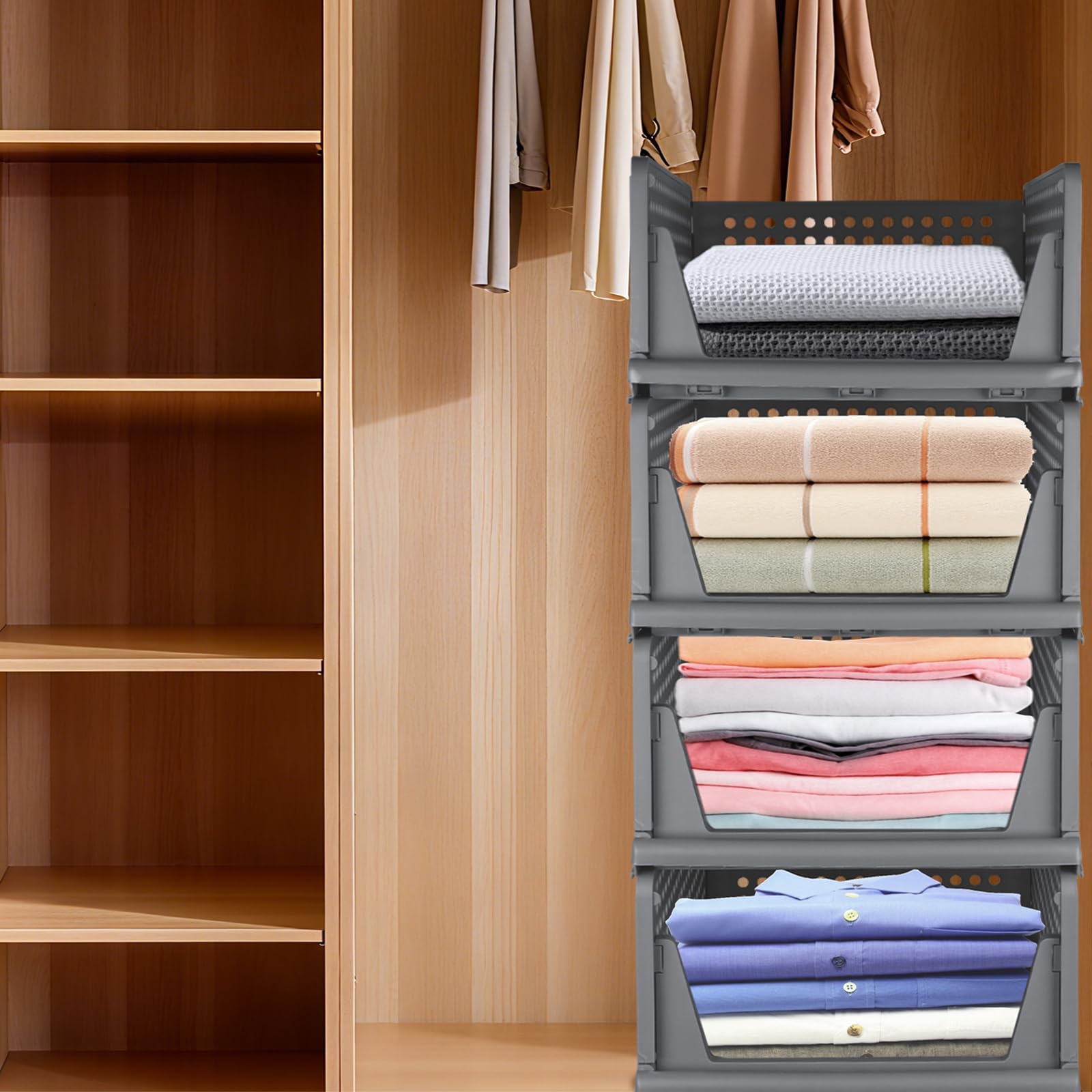 Organizador Armario Apilable, Cajones Extraíbles para Armarios, Cajas Almacenaje Ropa de Plástico, Organizadores de Ropa para Dormitorio, Cocina y Baño(33.5 * 43 * 72cm-4Gris)