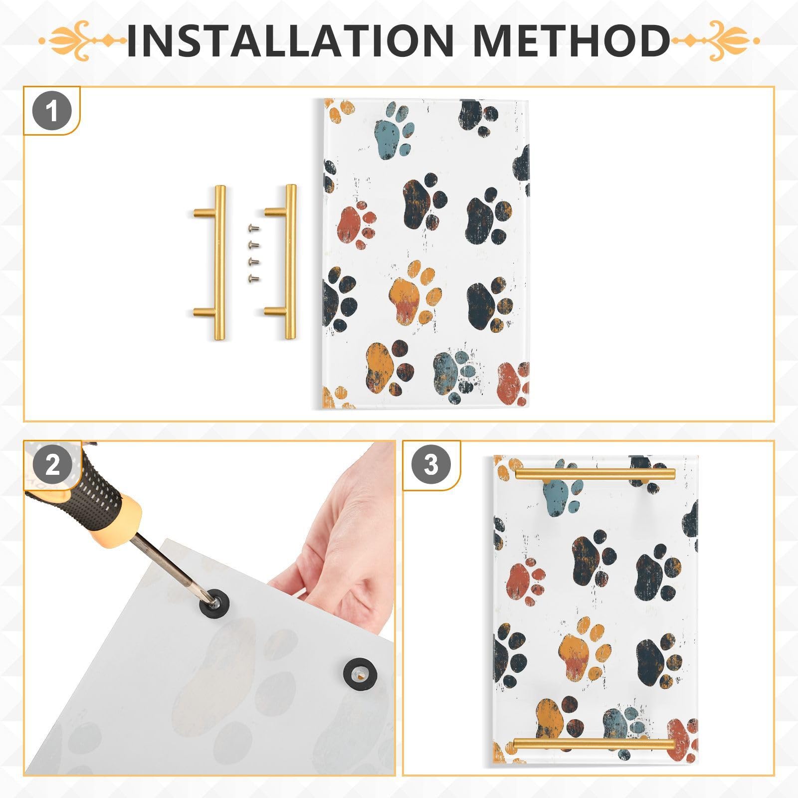 GUIJI Pawprints Acrylic Tray, Perfume Cosmetic Jewelry Decorative Trays Bathtub Organizer, Living Room Kitchen Serving Tray with Gold Handles