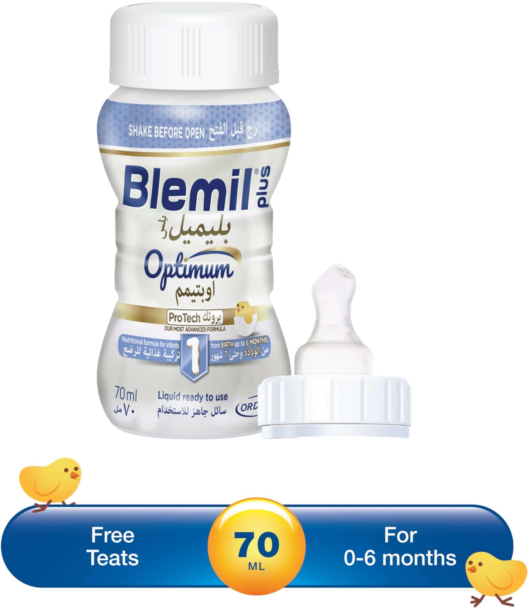 Blemil Plus 1 Optimum ProTech Ready To Feed Infant Formula Milk | 0-6 Months | Triple Protection with Osteopontin, HMO and MFG | Immune System |Brain and Eyesight development | RTF 70ml with Teats