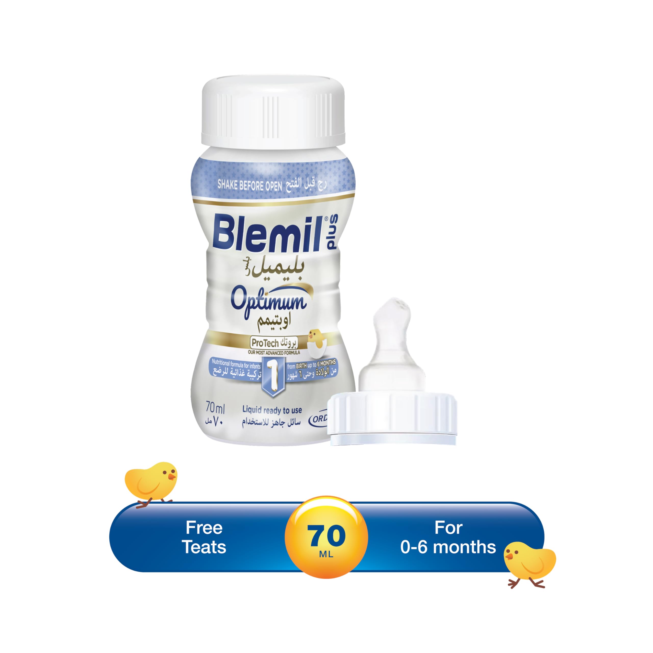Blemil Plus1 Optimum ProTech Ready To Feed Infant Formula Milk | 0-6 Months | Triple Protection with Osteopontin, HMO and MFG | Immune System |Brain and Eyesight development | RTF 70ml with Teats