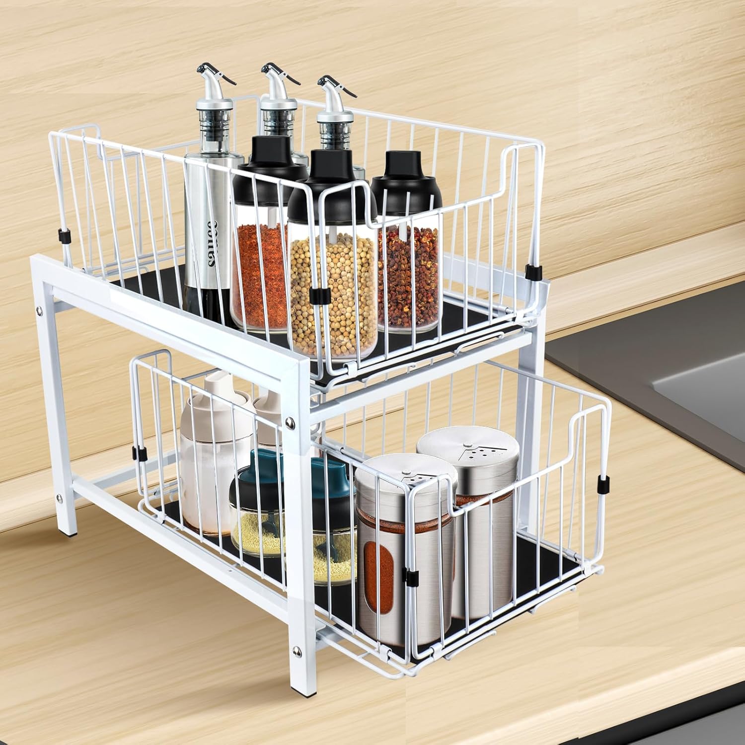 ZMJESSNIA Under Sink Organizer, 2 Tier Sliding Basket