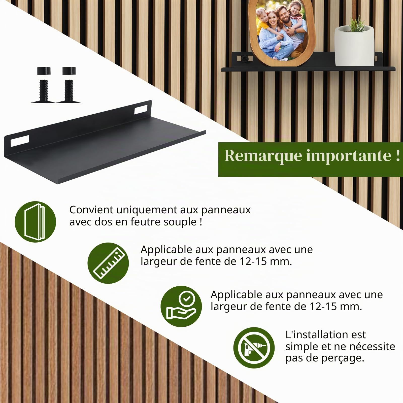 Étagère pour panneaux acoustiques sans perçage - 40 x 15 cm - En métal - Pour bureau, salon, cuisine (40 x 15 cm)