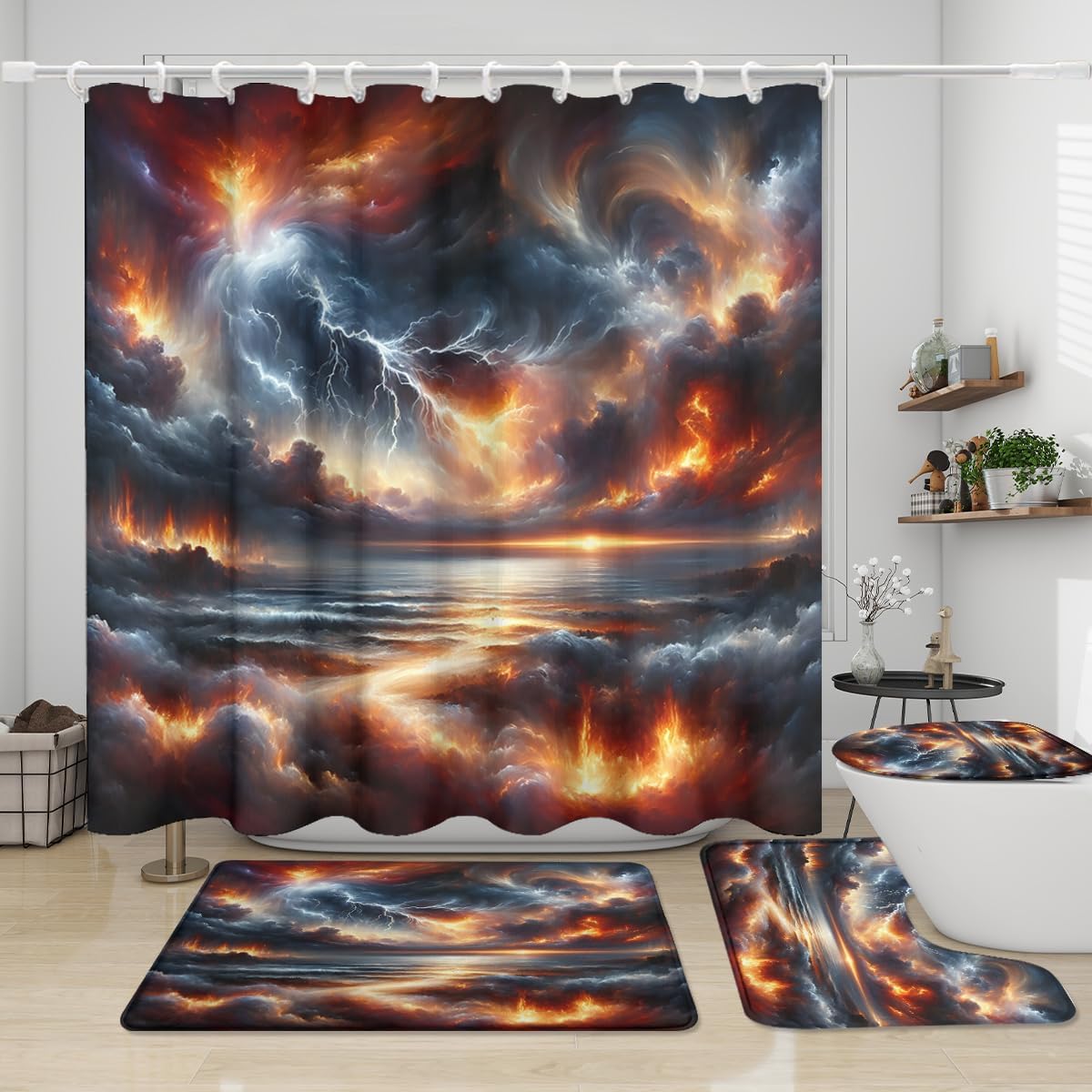 Mystical Beautiful Ocean Landscape 4Pcs Shower Curtain Set,Dreamy Watercolor Lightning Rain Storm Clouds Waves Bathroom Shower Curtain,Toilet Lid Rug,Bath Mat and Contour Mat,Bathroom Decor