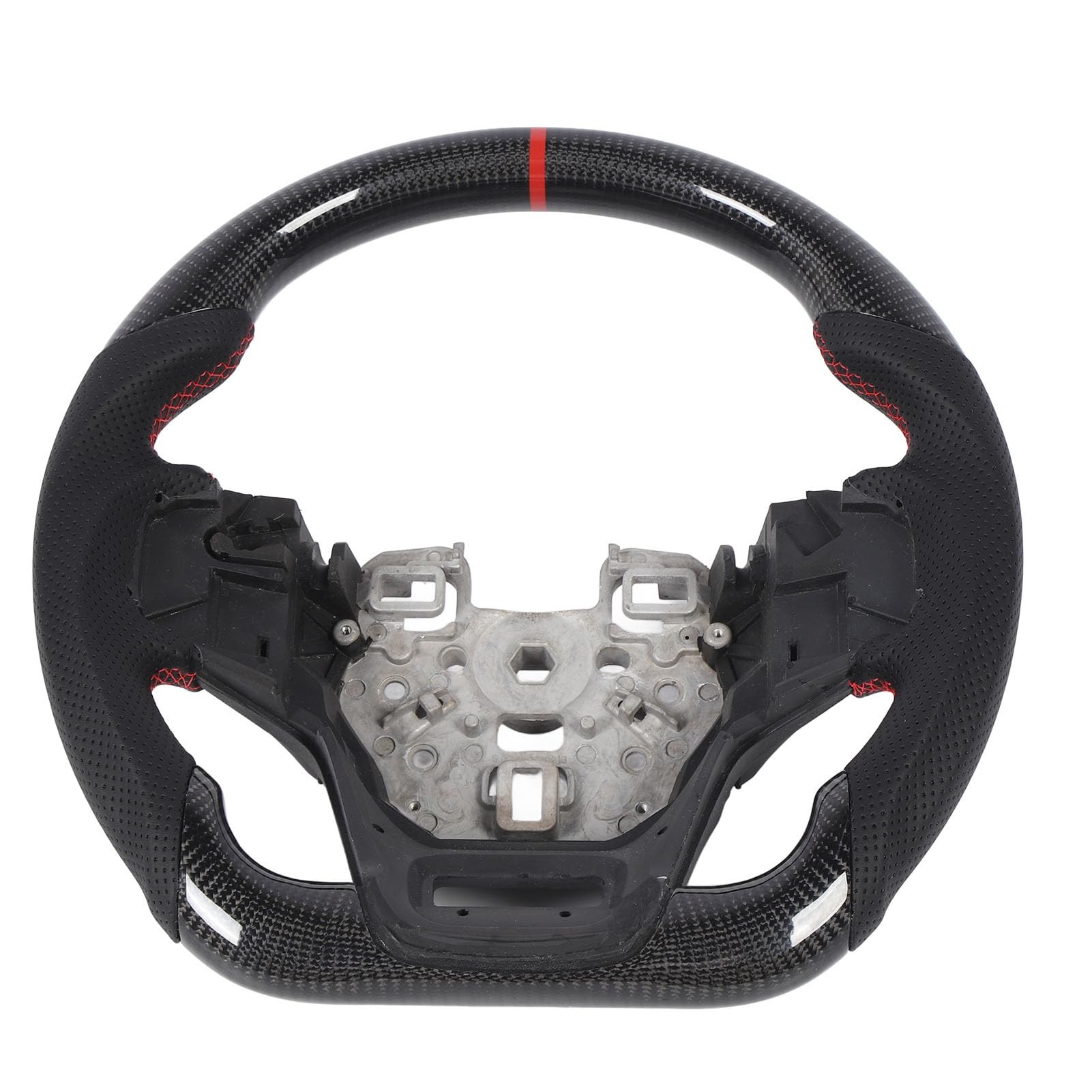 Generic Volante da in Fibra di Carbonio con Fondo Piatto e Pelle Traforata Nera per Auto Sportive Indice Rosso Ore 12