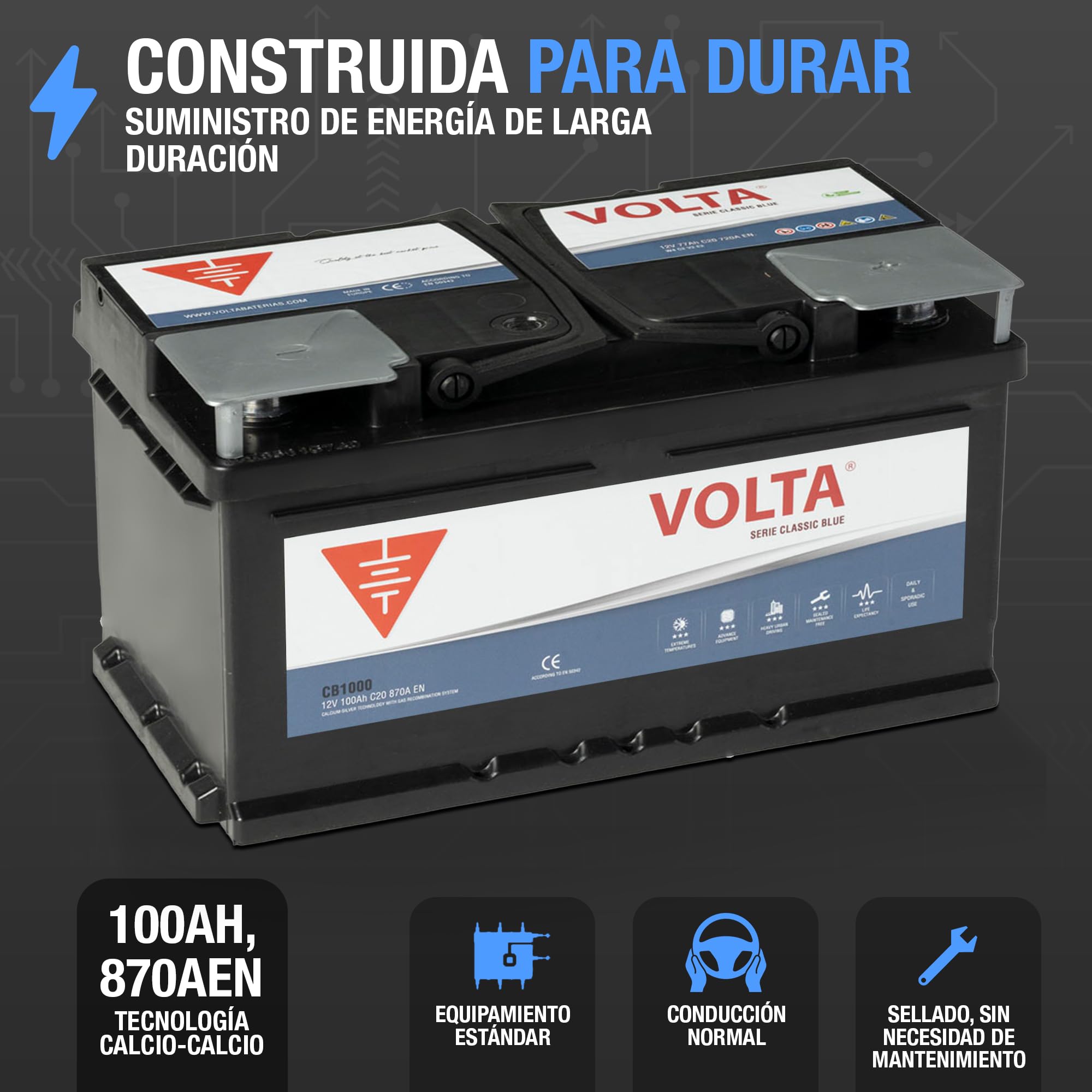 Bateria de Coche 100Ah 870A Volta CB1000D para Automóviles de turismo - Borne +Dcha - Medidas: 353 x 175 x 190 mm con 2 años de Garantía.