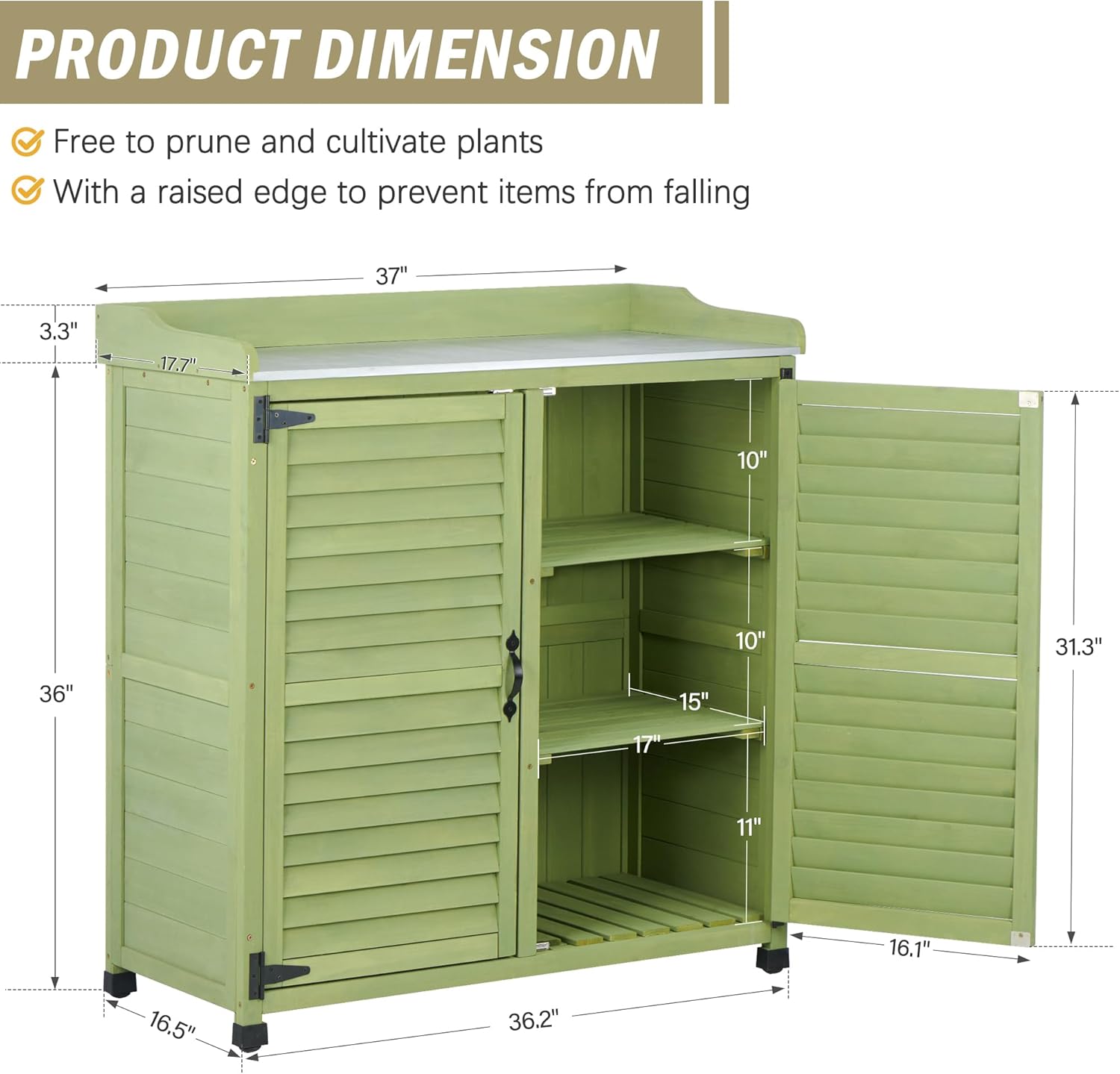 Green Outdoor Potting Bench with Metal Work Top & Vented Louvered Doors,Waterproof Garden Storage Cabinet,Wooden Tool Station Shed for Backyard,Patio,Lawn Gardening