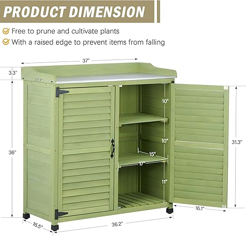 Miniatura 3 de Banco para macetas al aire libre con parte superior de metal Gabinete de almacenamiento de jardín impermeable, estación de herramientas de madera