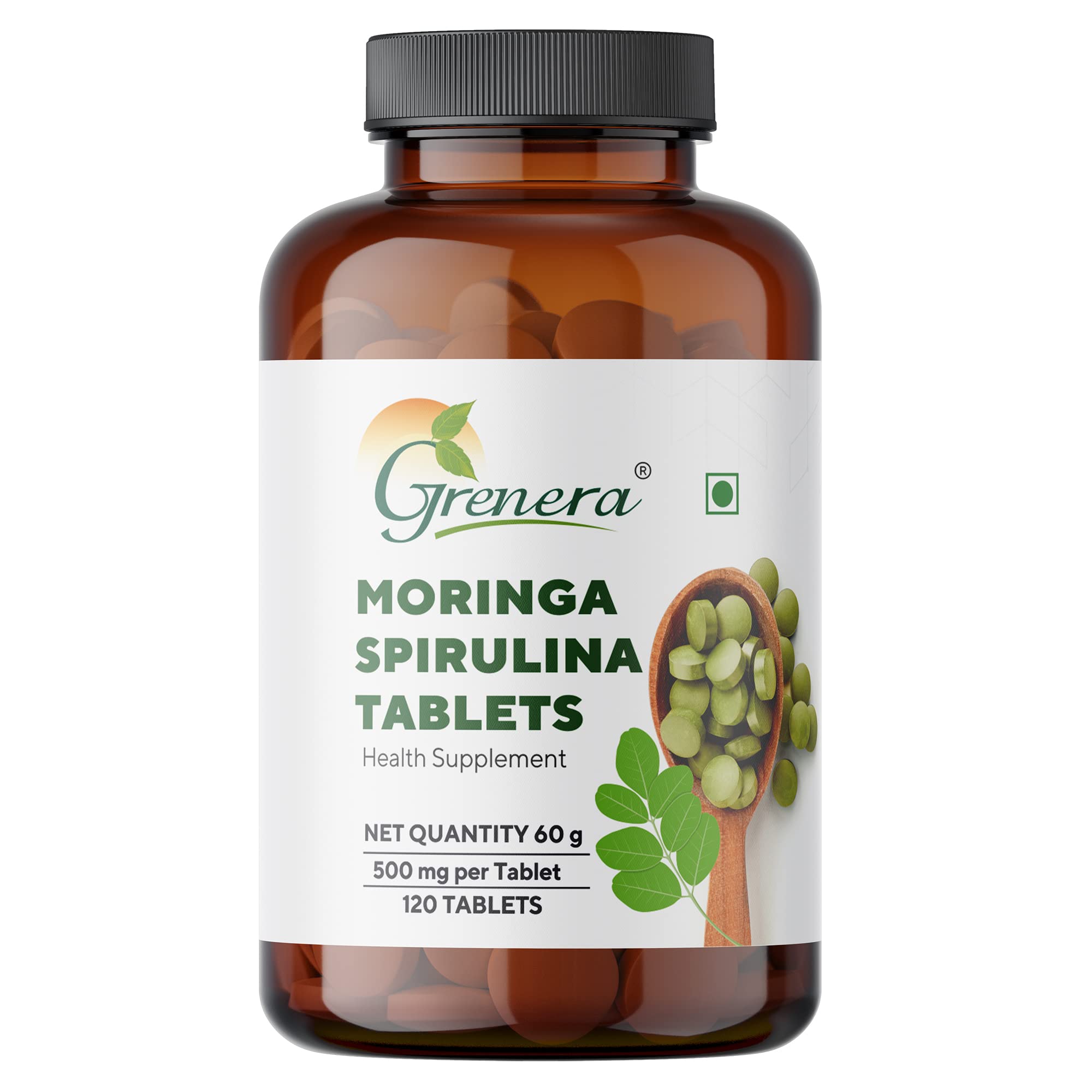 Grenera Moringa Spirulina Tablet-120 Tablets | Made with Pure Moringa and Spirulina Powder | Natural super food | Non-GMO, Gluten free
