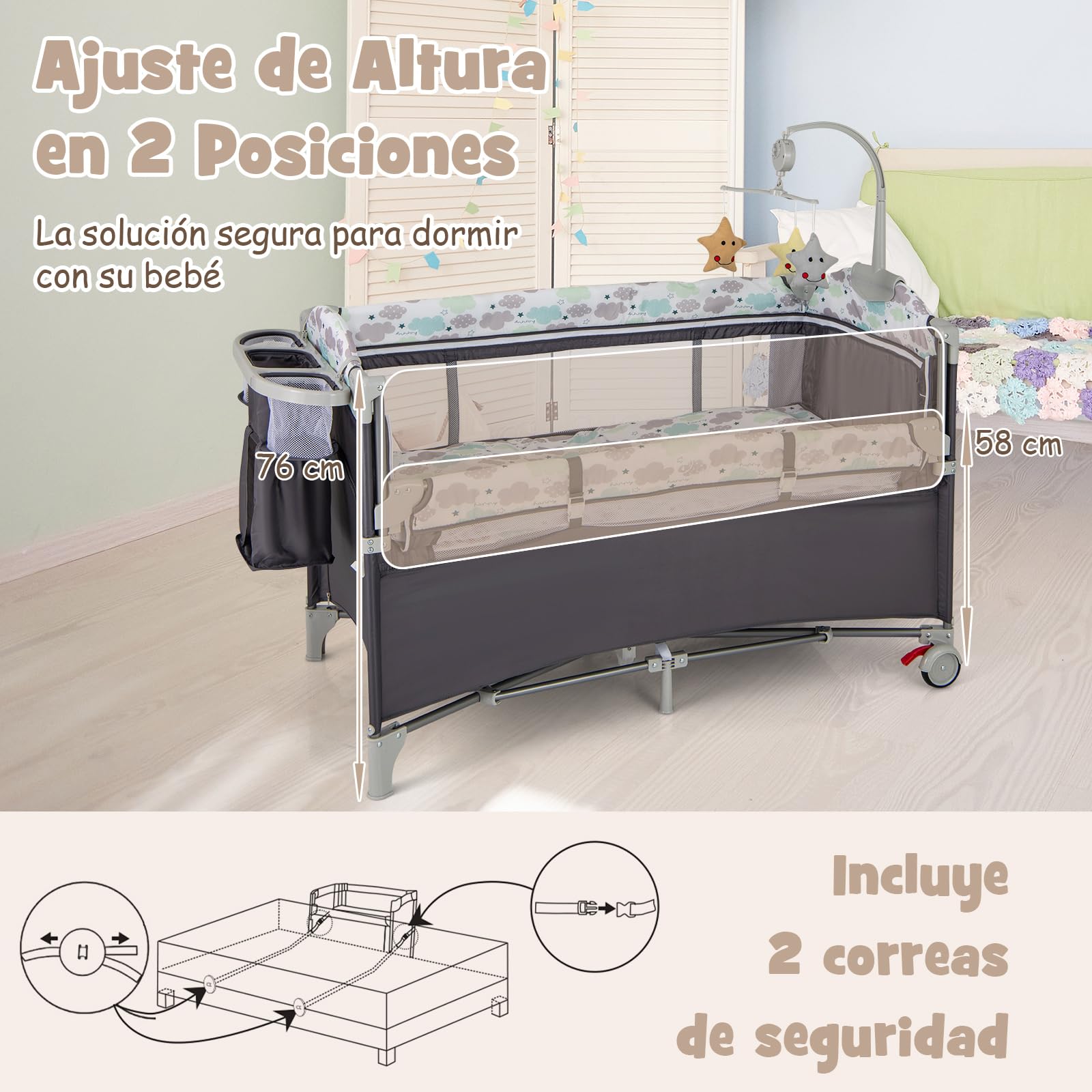 COSTWAY 5 en 1 Cuna Bebé con Ruedas Bloqueables, Cuna de Viaje con Cambiador, Juguetes Colgando, Caja de Música, Colchón y Bolsa de Transporte, Cama Infantil de 2 Niveles (Gris)