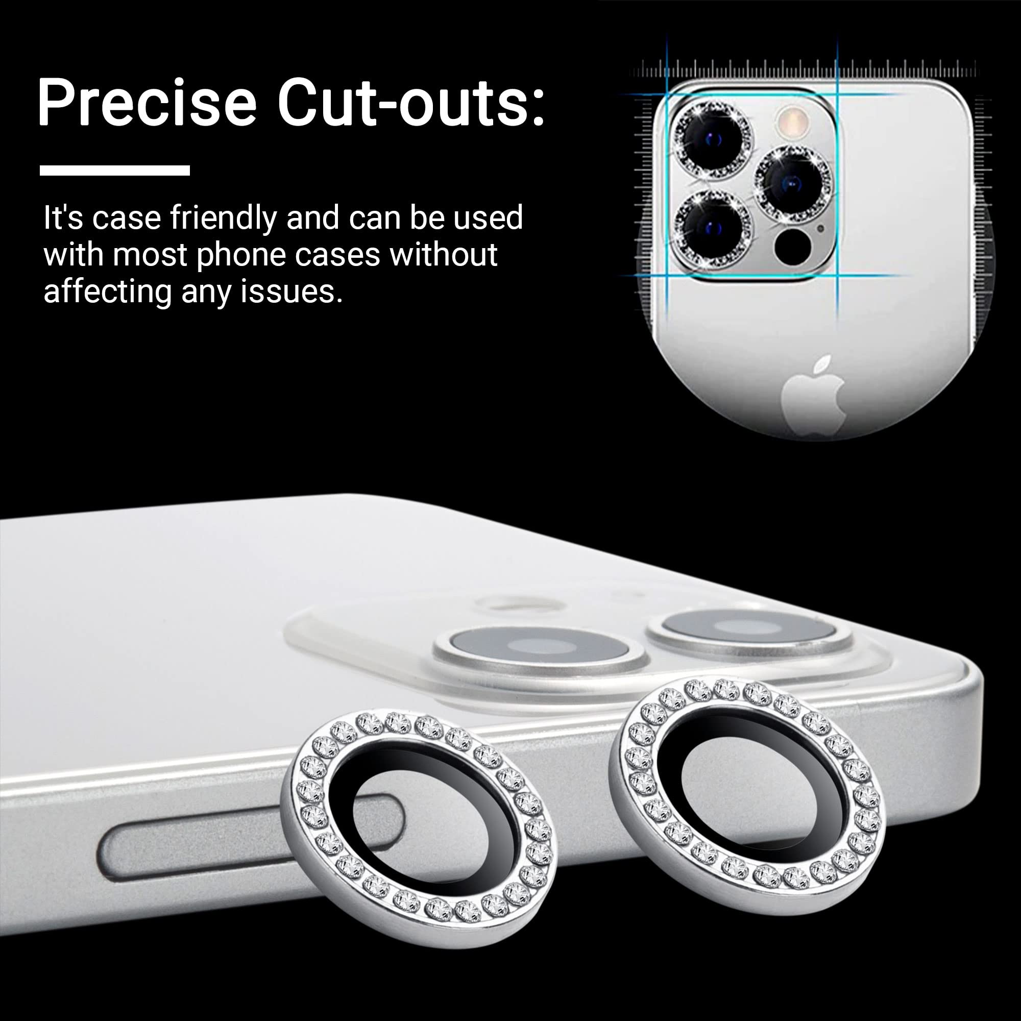 Kucheed Proteggi Obiettivo Fotocamera Diamond Compatibile Con IPhone 15/15 Plus, Copriobiettivo Per Fotocamera In Vetro Temperato Scintillante, Adesivi Per Pellicole Con Anelli Metallici