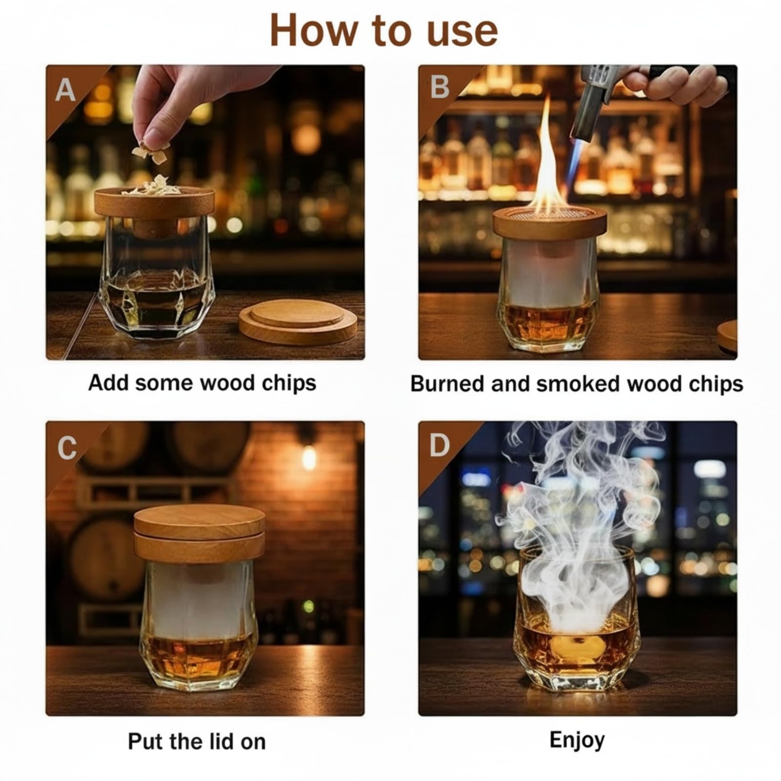 Kit Fumoir Whisky - Fumoirs Cocktails avec Copeaux de Bois de Fumage Naturels 8 Saveurs, Pierres à Whisky - Accessoires Bar pour Bourbon Boissons Fromage Cadeau Homme Père Petit Ami