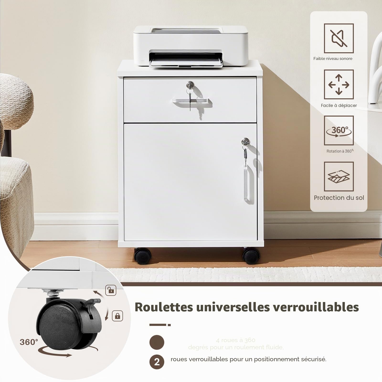 TUKAILAi Caisson de Bureau à roulettes, Meuble de Bureau à 2 tiroirs verrouillable, Caisson de Rangement Mobile, avec roulettes, pour Documents légaux Format A4 (Blanc)