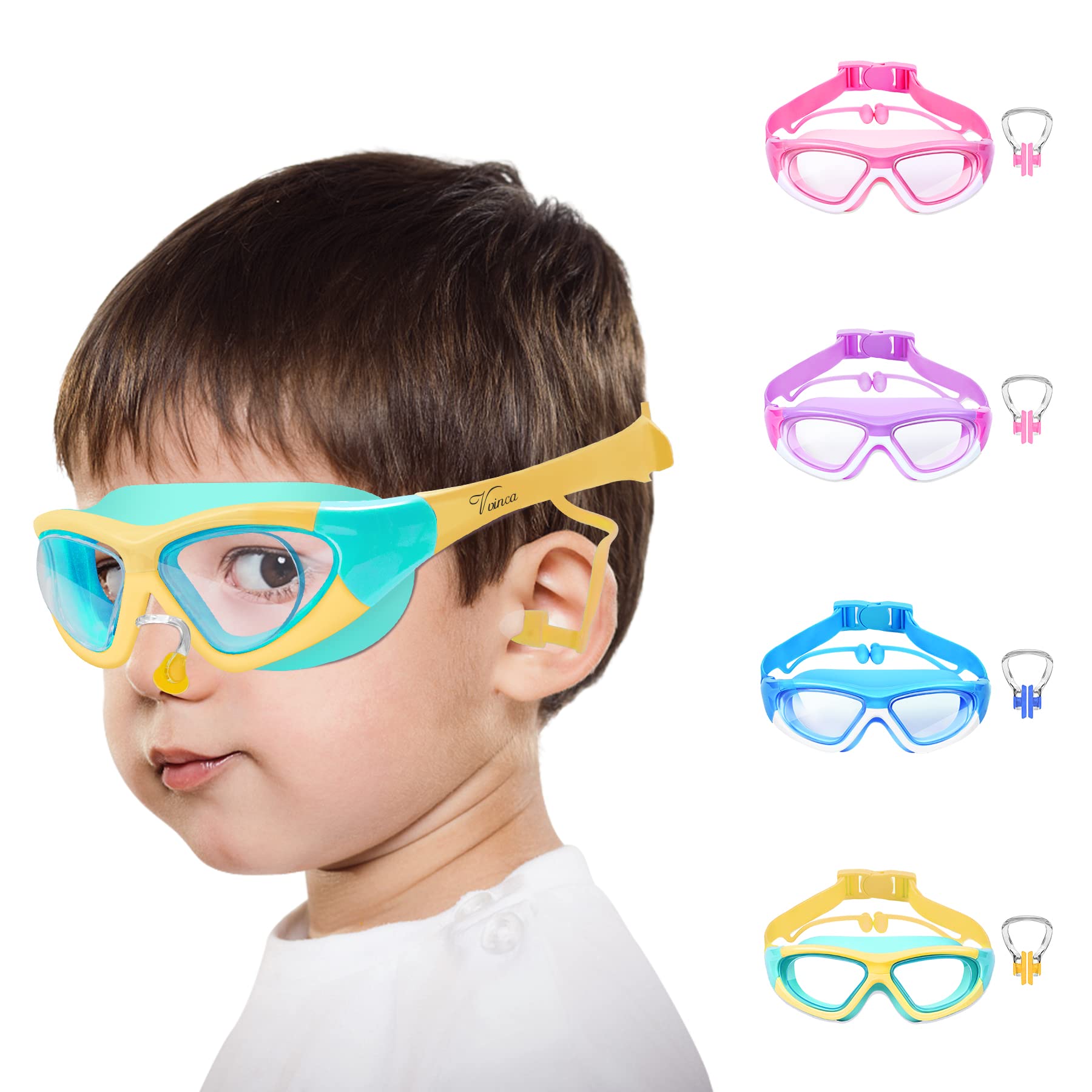 Vvinca Kids Swim Goggles for Kids 3-12, Upgraded Design with Ear & Nose Plug, Wide View Anit-Fog No Leak Water Pool Goggle