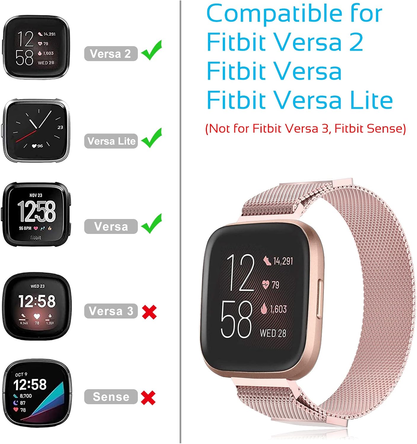 Strap Fitbit Versa 2/Fitbit Versa Band, 22mm Mesh Stainless Steel Watch