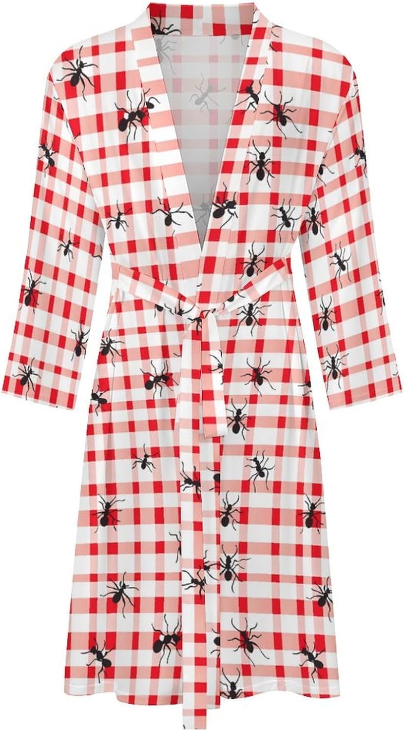 Ants Gingham Checked Pattern Mens Robe Long Bathrobe for Women Bath Robes Lightweight Soft Printed Sleepwear