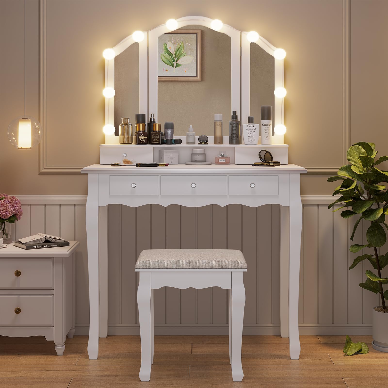 Tiptiper Makeup Vanity with Lights, Vanity Desk with Lighted Mirror and Stool, Vanity Table Set with 5 Drawers, 3 Light Settings, Adjustable Brightness, White