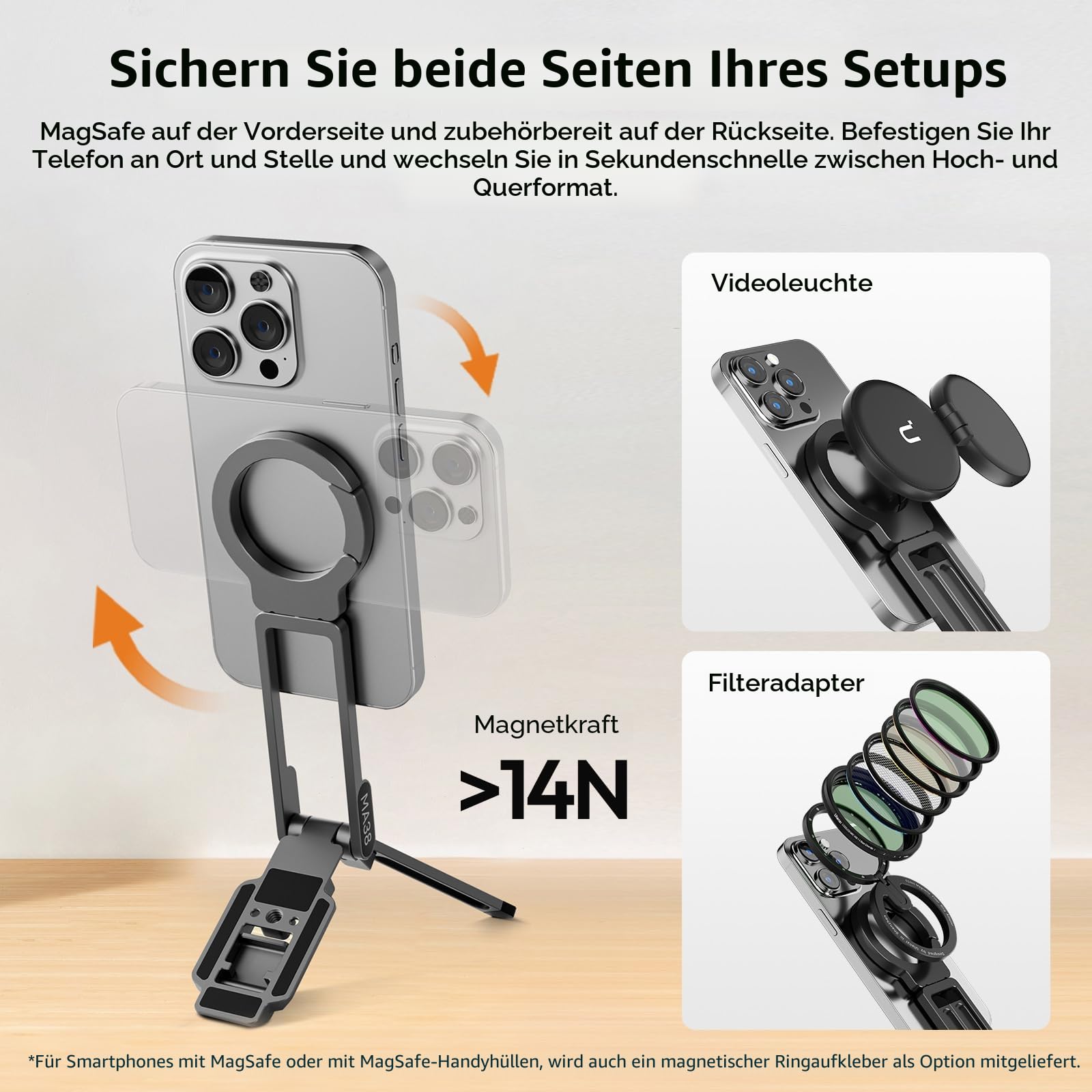 ULANZI MA38 4-in-1 Magnetisches Handy-Stativ Aluminium, Karabiner Förmige Maglock, Faltbar Ständer Smartphone, Doppelmagnet Tripod, Mini Selfie Stick kompatibel mit iPhone 17 16 15 14 13 12 Magsafe