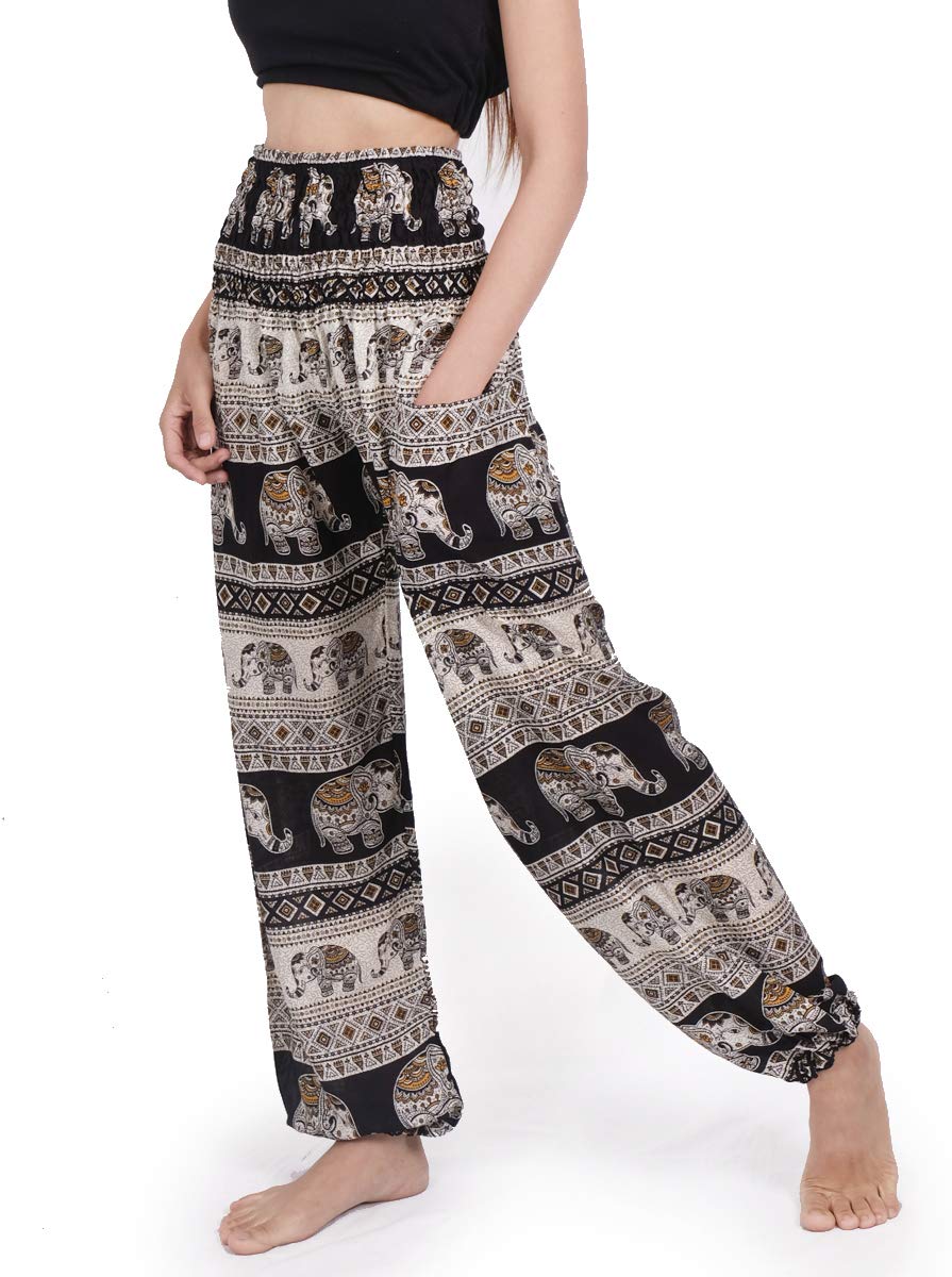 BANJAMATH® Women's Smocked Waist Harem Hippie Boho Yoga Palazzo Casual Pants, Elepant Navy, M