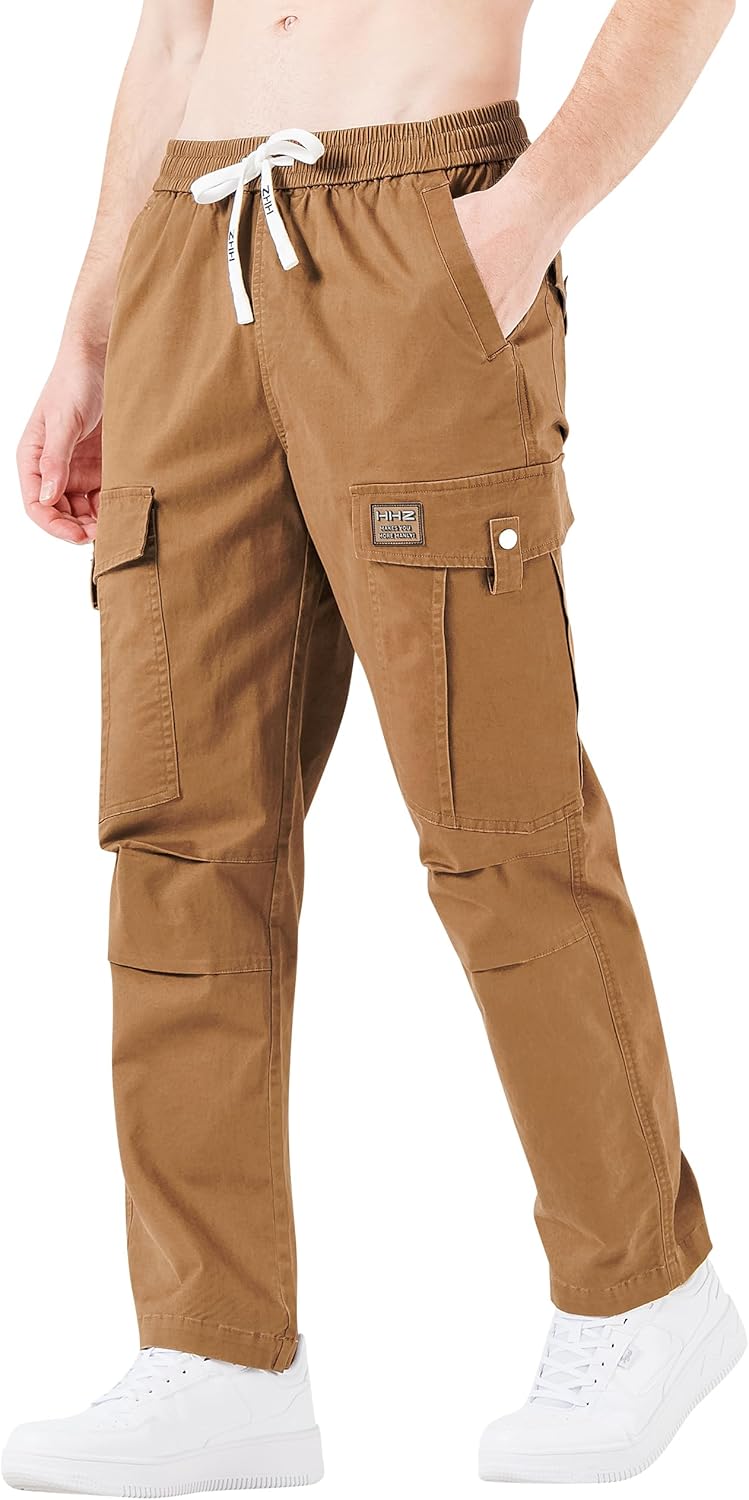 HHZ Men’s Relaxed Fit Cargo Pants Drawstring Stretchy Elastic Waist Work Casual Pants with Zipper Pockets