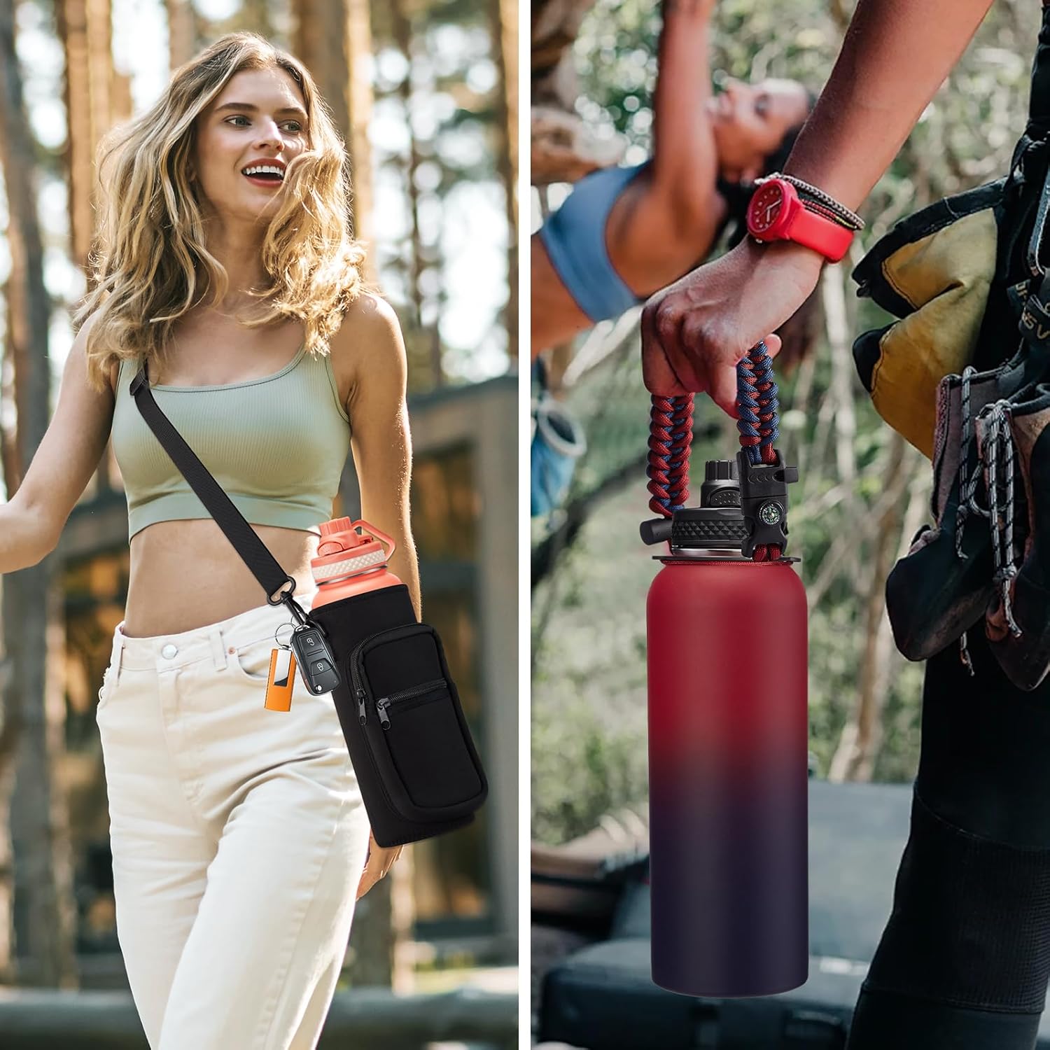 40 OZ Insulated Water Bottles with Straw Lid, Stainless Steel Water Bottle for Men Women, Wide Mouth Water Flask Sports with Shoulder Carrier Bag, Paracord Handle, Straw & Spout Lids - Image 5