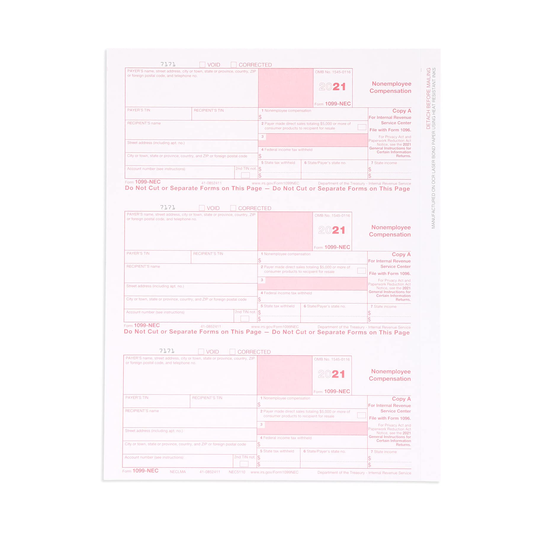 Buy Blue Summit Supplies 1099 NEC Copy A Forms, 2021, 50 Pack, New Tax