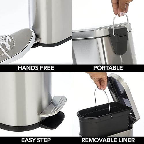 Miniatura 10 de mDesign Cubo de basura pequeño de acero inoxidable de 2.6 galones con escalón de metal para baño, dormitorio, oficina en casa, cubo de basura en