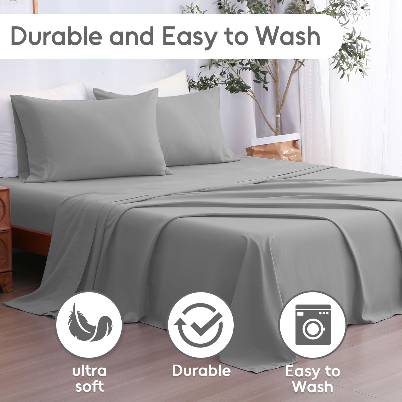 LONAVA Bamboo-Derived King Size Bed Sheets - 4pc Set, Grey, Silky Soft & Cooling With 16\" Deep Pocket