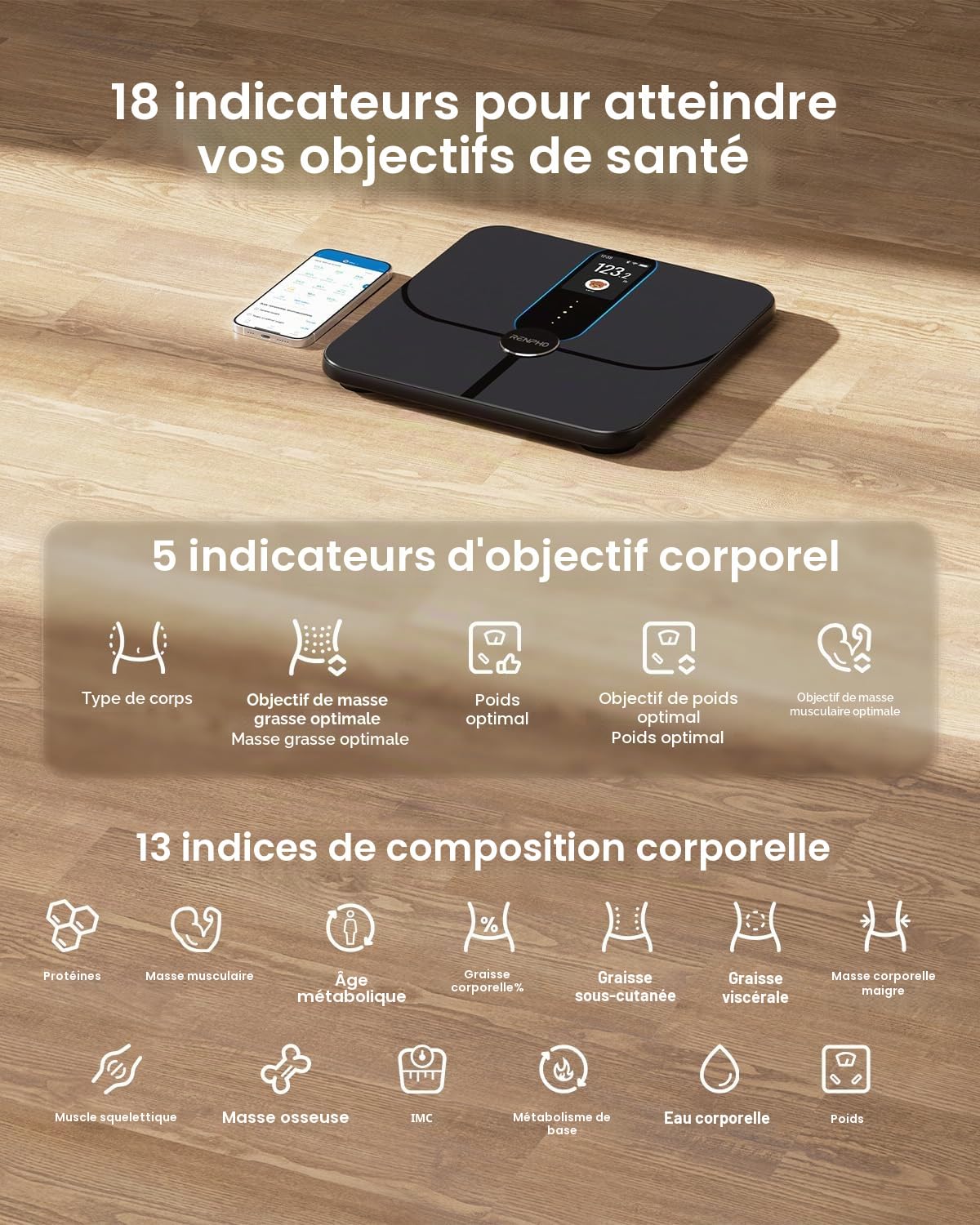 Pèse personne Renpho Elis Nova A031 WIFI Ecran TFT couleur 18 mesures corporelles Verre ITO Noire
