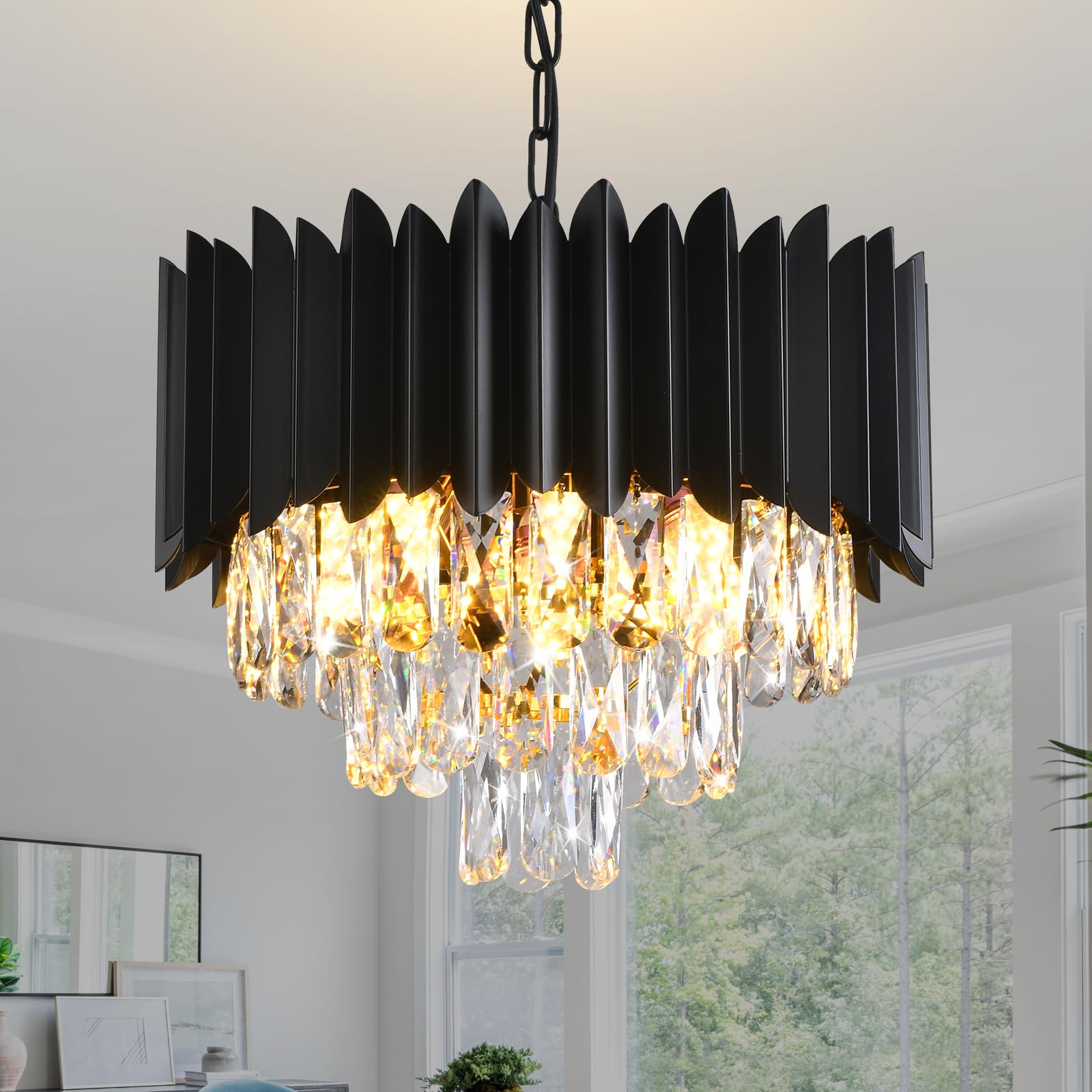Modern Crystal Chandeliers 3-Tier K9 Round Crystal Chandeliers Light Fixture Small Black Ceiling Light Fixture for Dining Room Living Room Bedroom Entryway ，E14*5Light [Energy Class G]