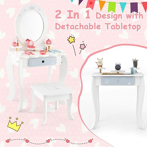 Miniatura 3 de HONEY JOY Vanity - Juego de mesa y silla de maquillaje de madera para niños, 10 piezas de accesorios de vestidor, espejo de princesa de tres