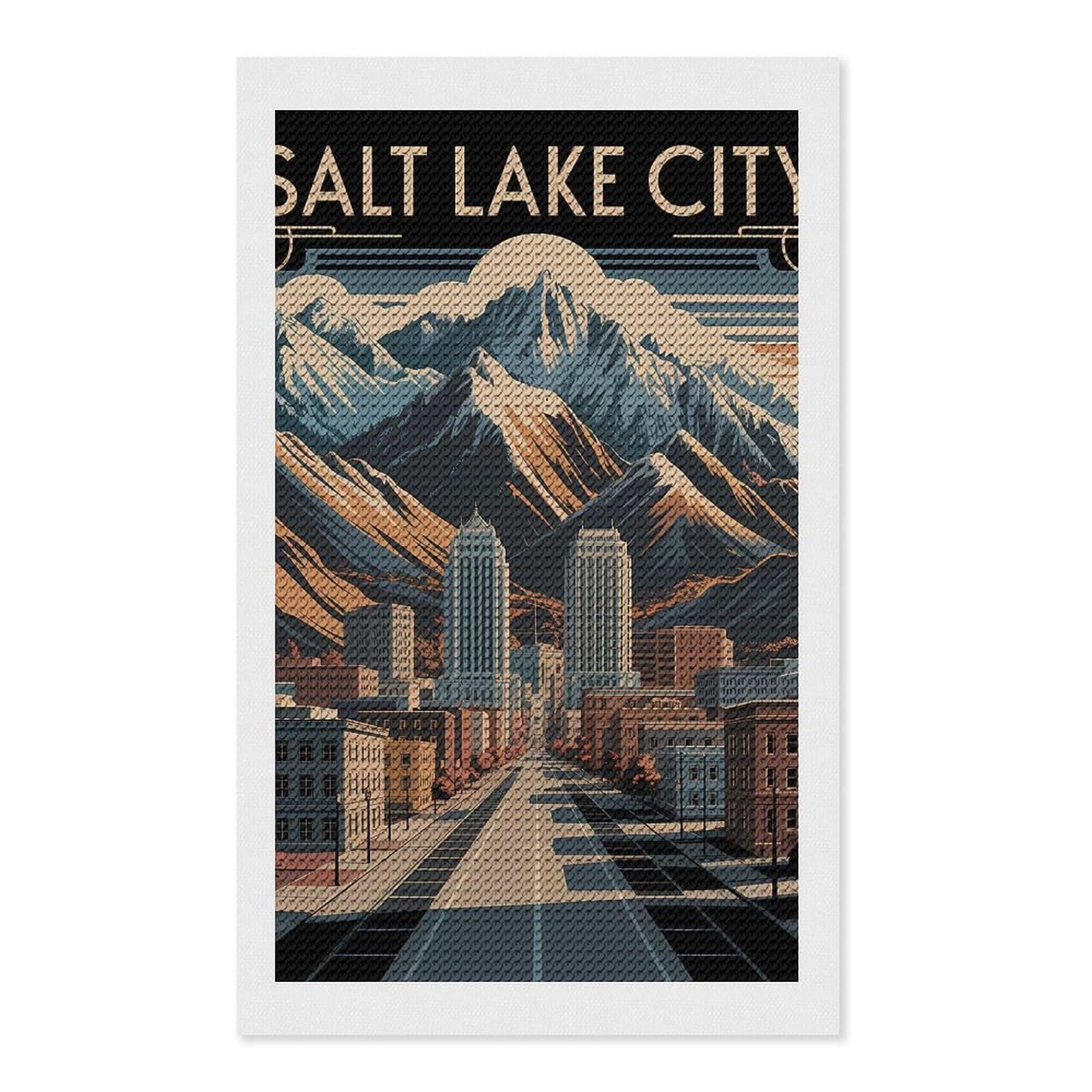 Junmoney Salt Lake City Art Deco DIY Diamond Art Canvas Kit 12"x20", Adhesive Canvas, Easy to Enjoy, Farmhouse Decor, Festive Craft Gift